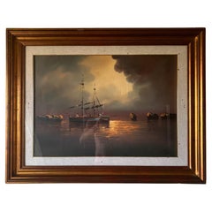 Large Italian painting with maritime sunset painting 1950s 20th century