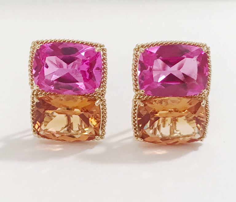 Grande Rope Twist Earring with Hot Pink Topaz and Orange Citrine For