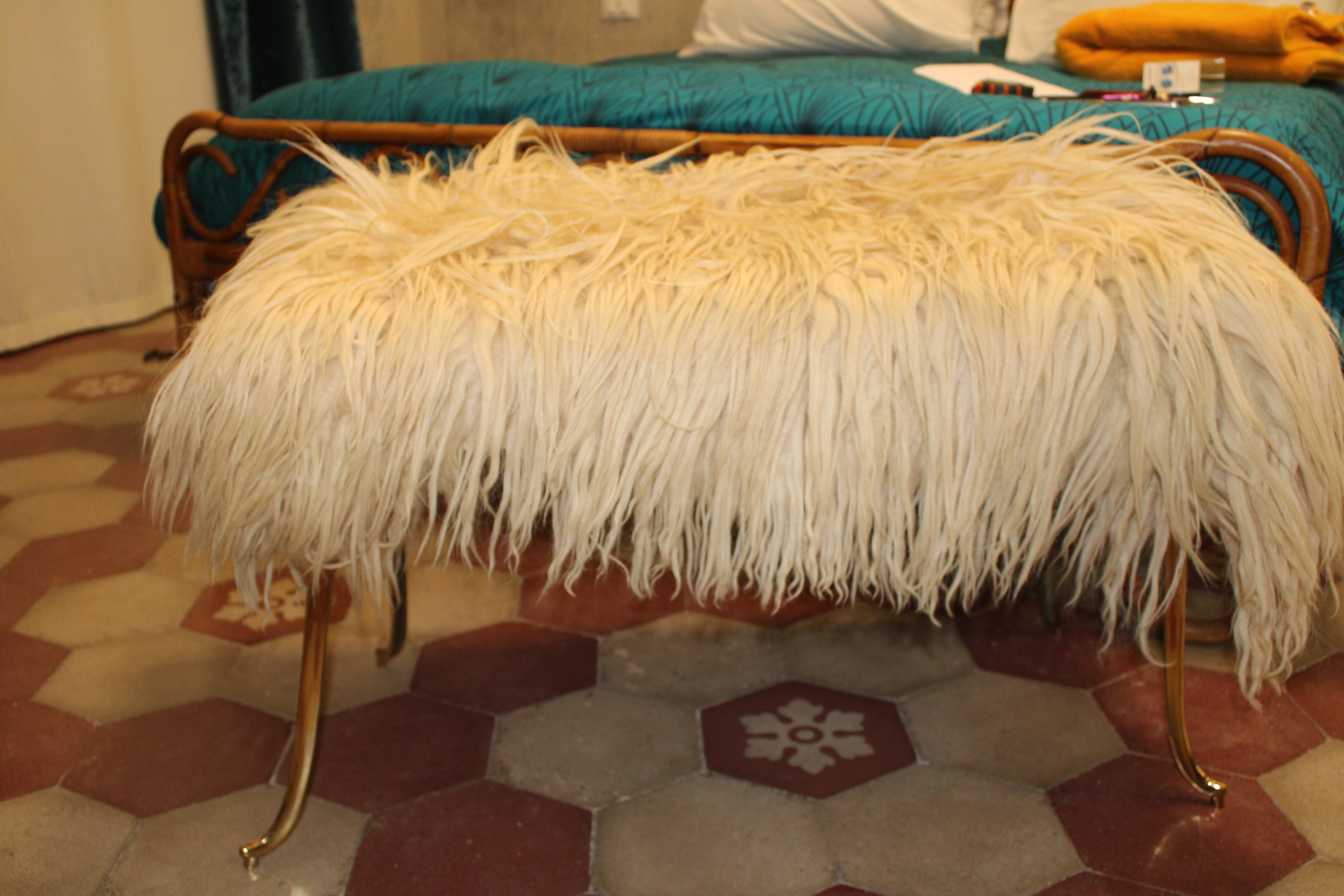 Italian Large Stool with Brass Feet and Natural Sheep Wool Mid-century For Sale
