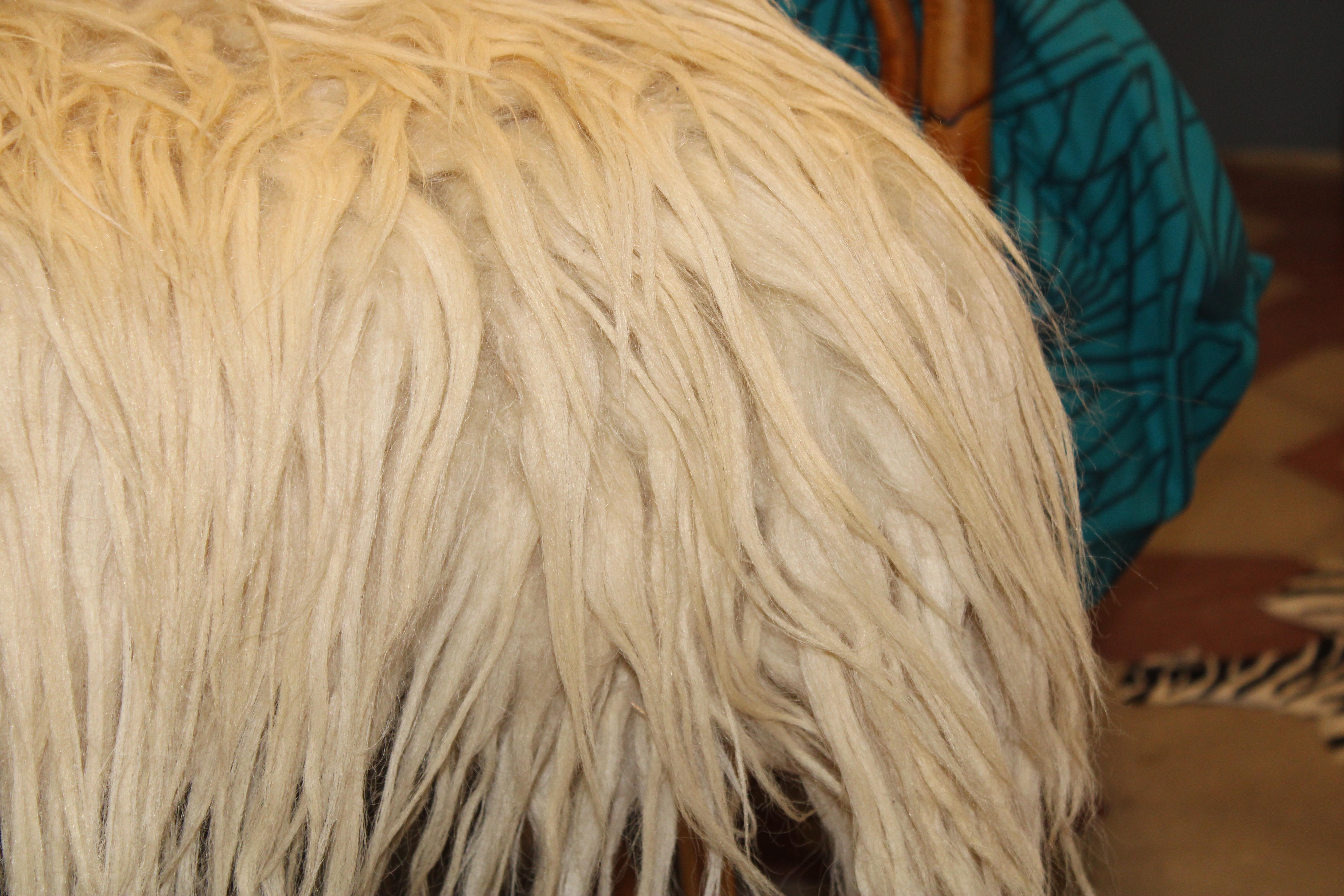 Mid-20th Century Large Stool with Brass Feet and Natural Sheep Wool Mid-century For Sale