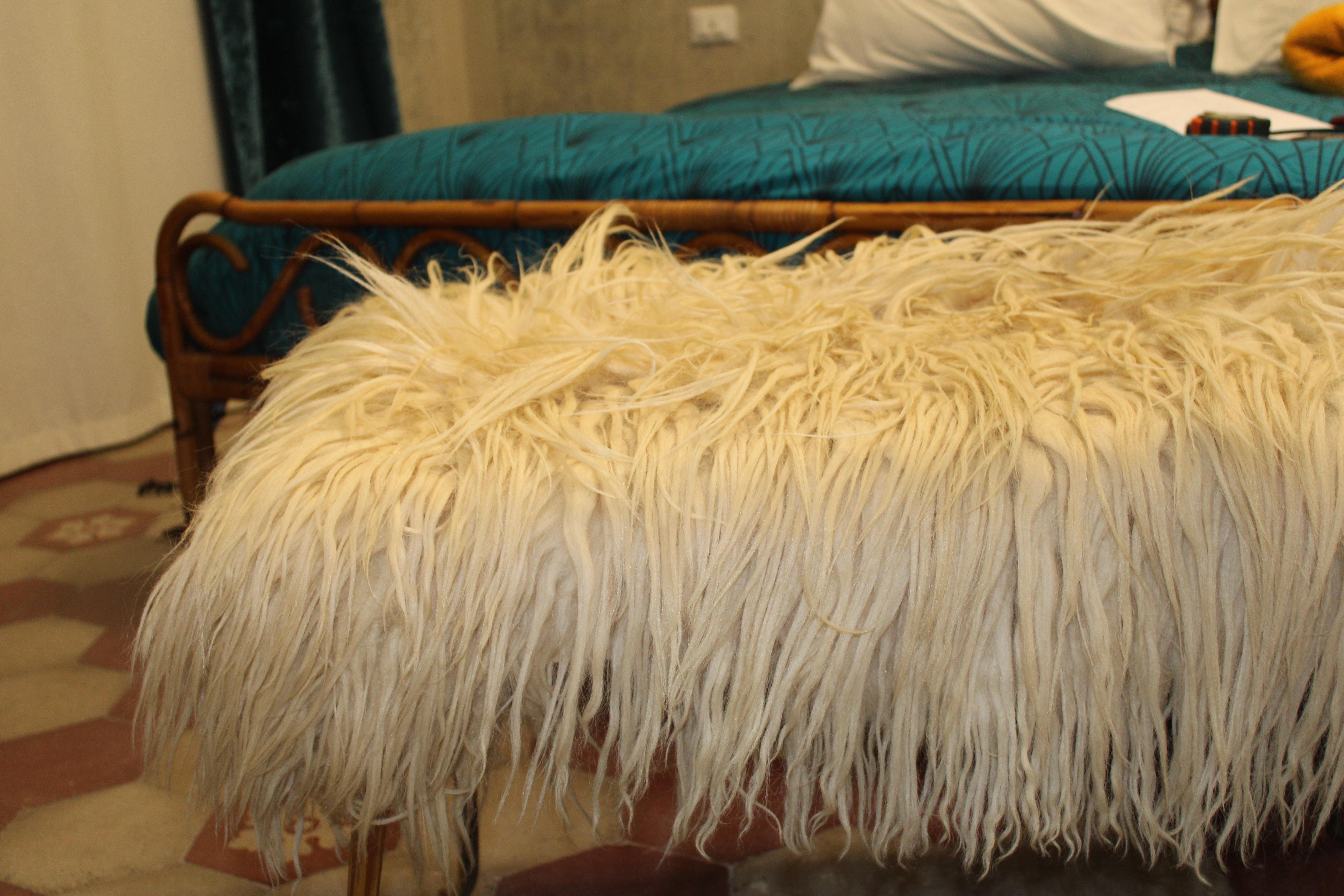 Stoneware Large Stool with Brass Feet and Natural Sheep Wool Mid-century For Sale