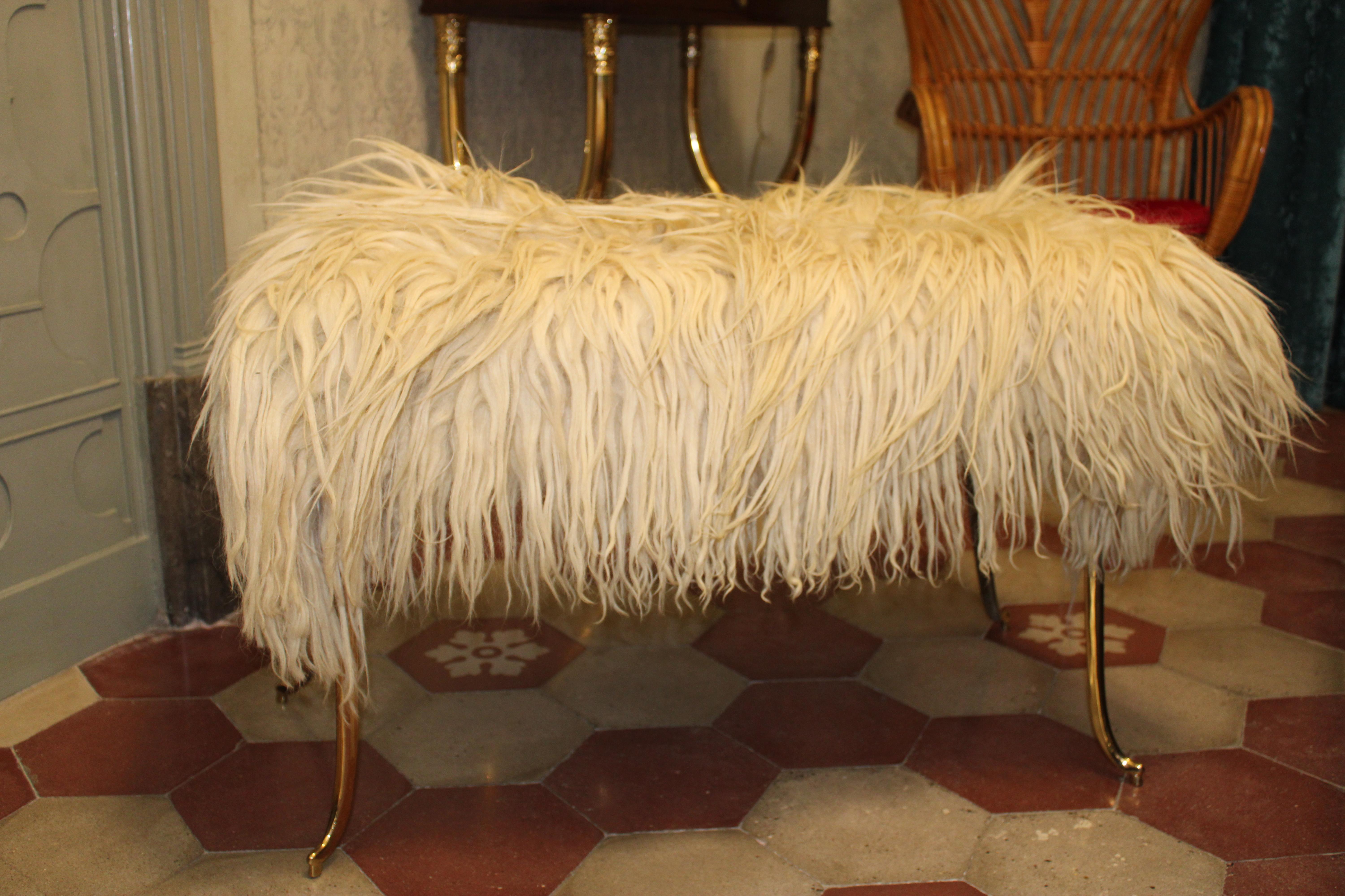 Large Stool with Brass Feet and Natural Sheep Wool Mid-century For Sale 1
