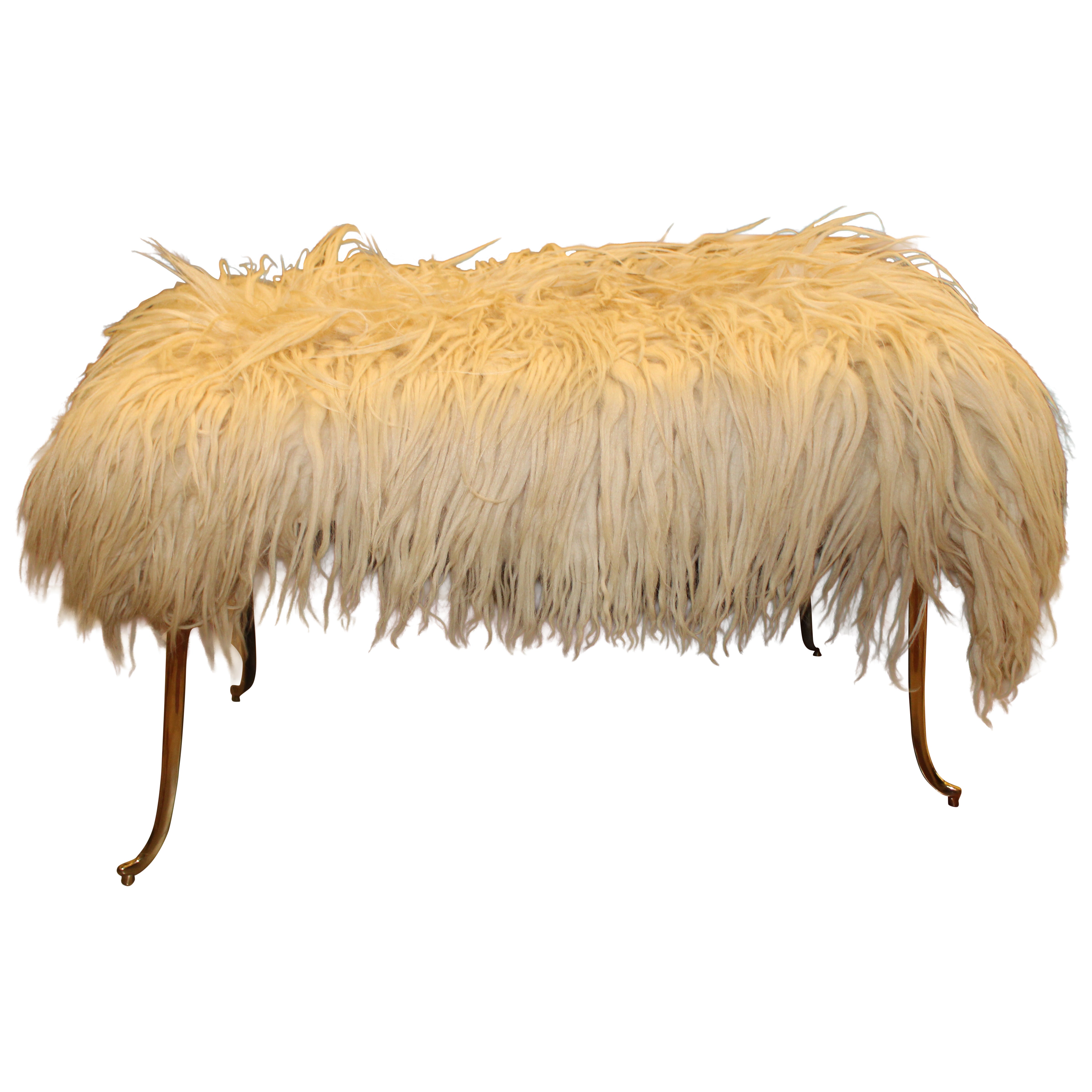 Large Stool with Brass Feet and Natural Sheep Wool Mid-century For Sale