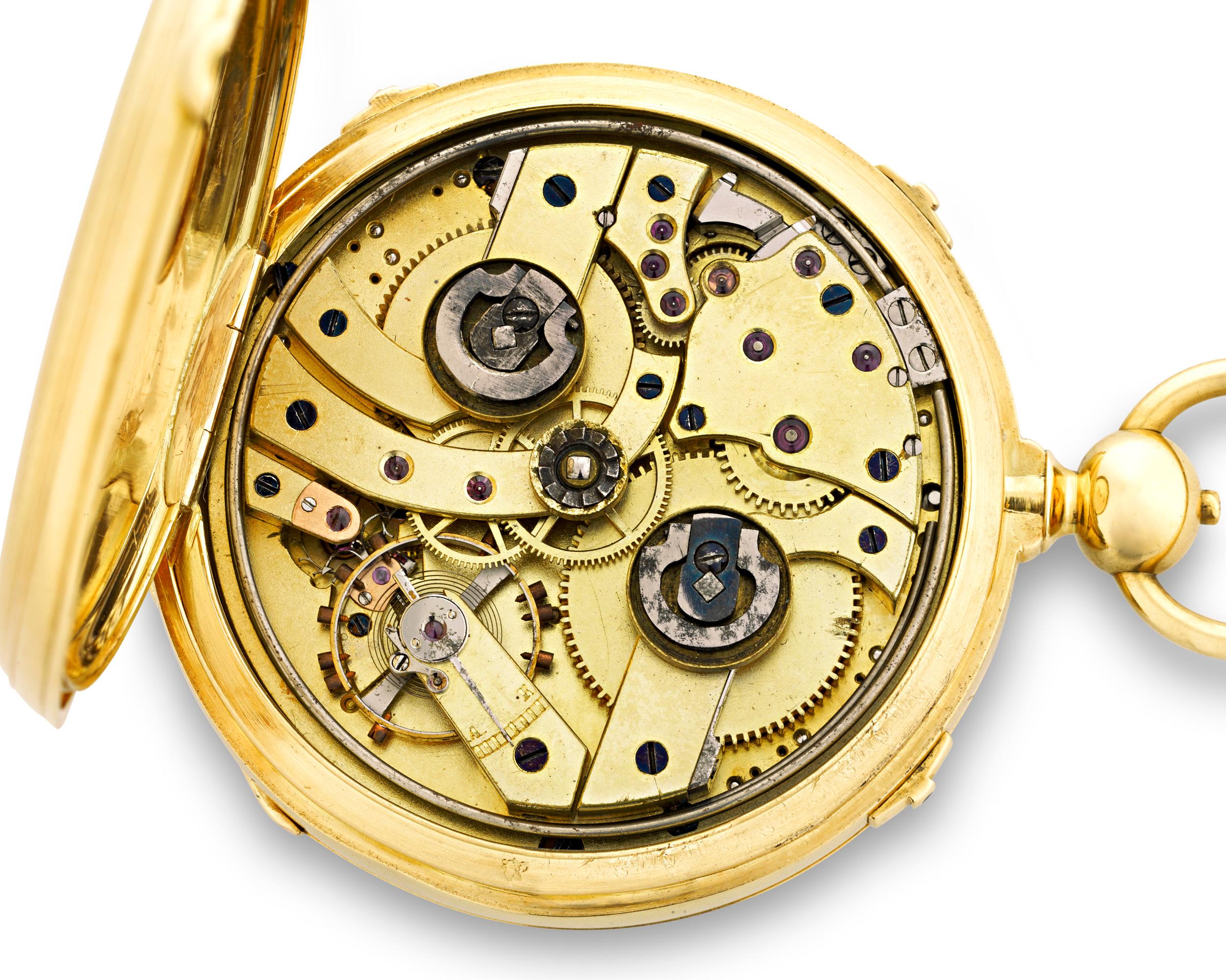 Cette rare montre de poche à répétition des quarts d'heure de la Grande Sonnerie, fabriquée par la maison suisse Montandon, est une œuvre horlogère impressionnante, aussi belle que fonctionnelle. La grande sonnerie sonne automatiquement les heures