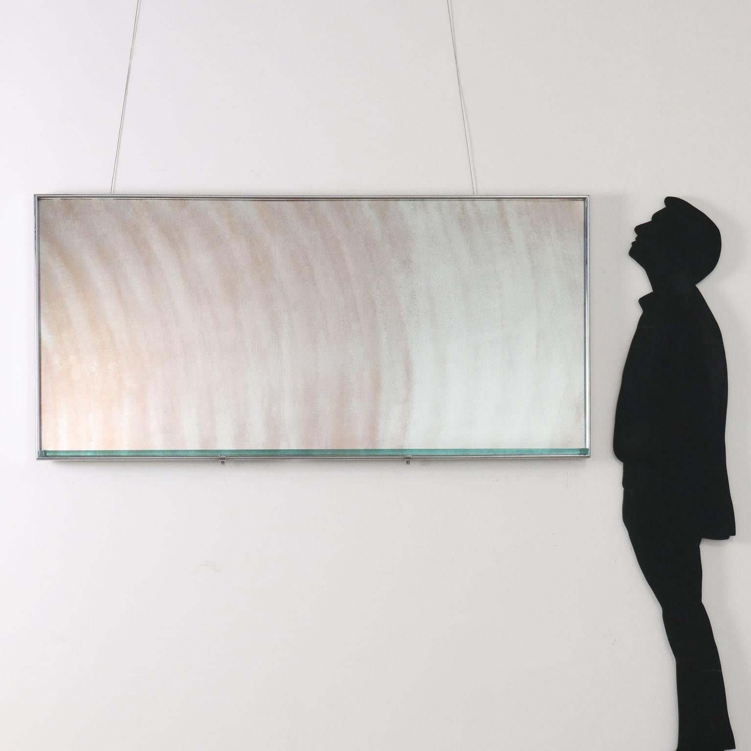 Wall mirror, chrome aluminum frame, clear glass open shelf, mirrored glass. 