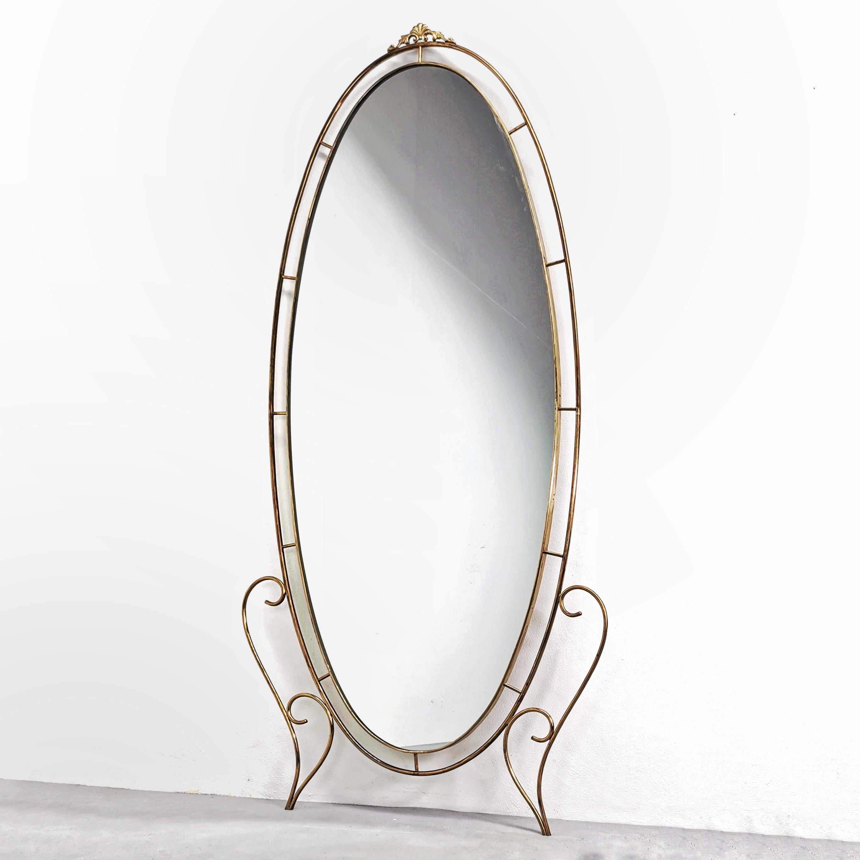 Mid-Century Modern Large oval brass floor mirror 40s 50s For Sale