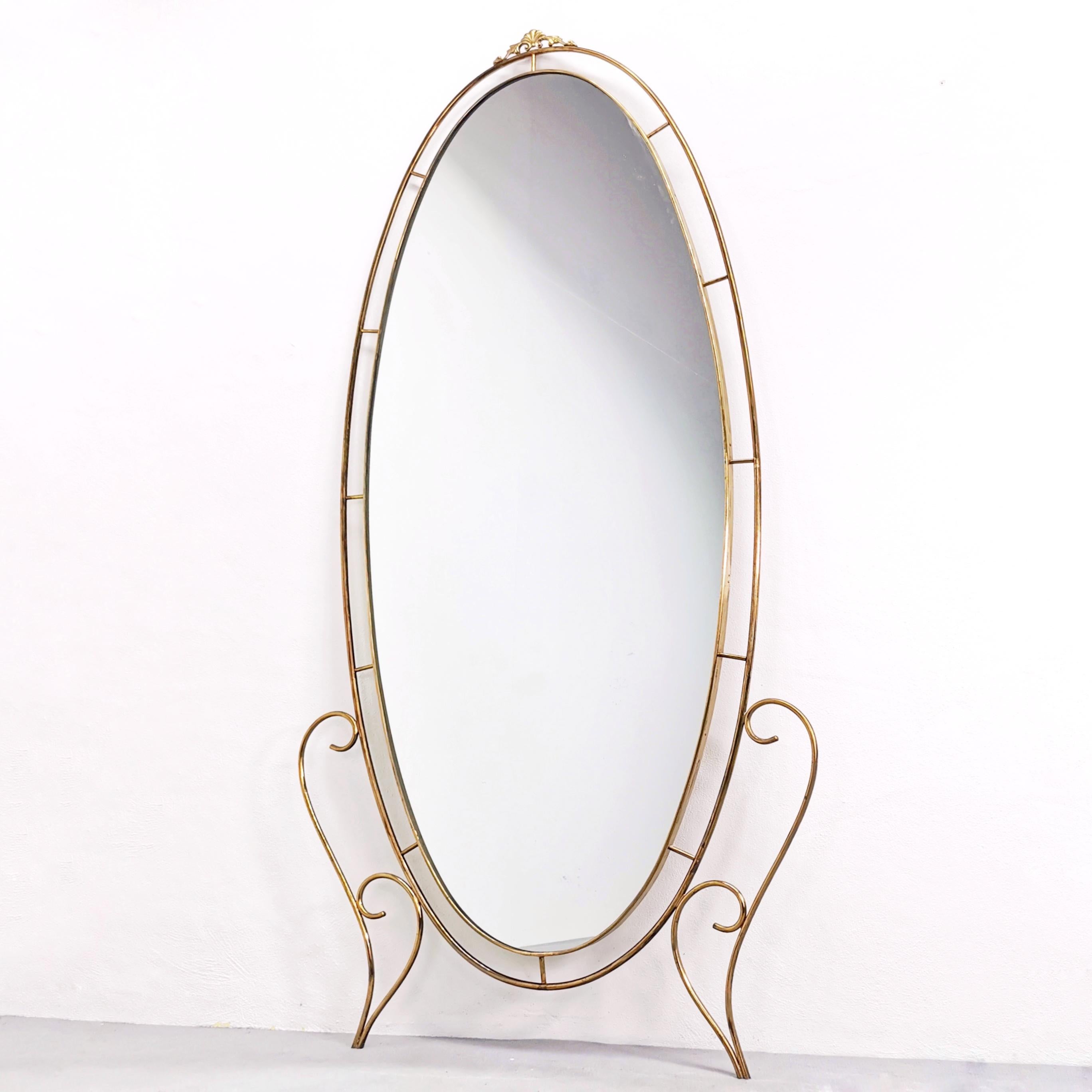 Italian Large oval brass floor mirror 40s 50s For Sale