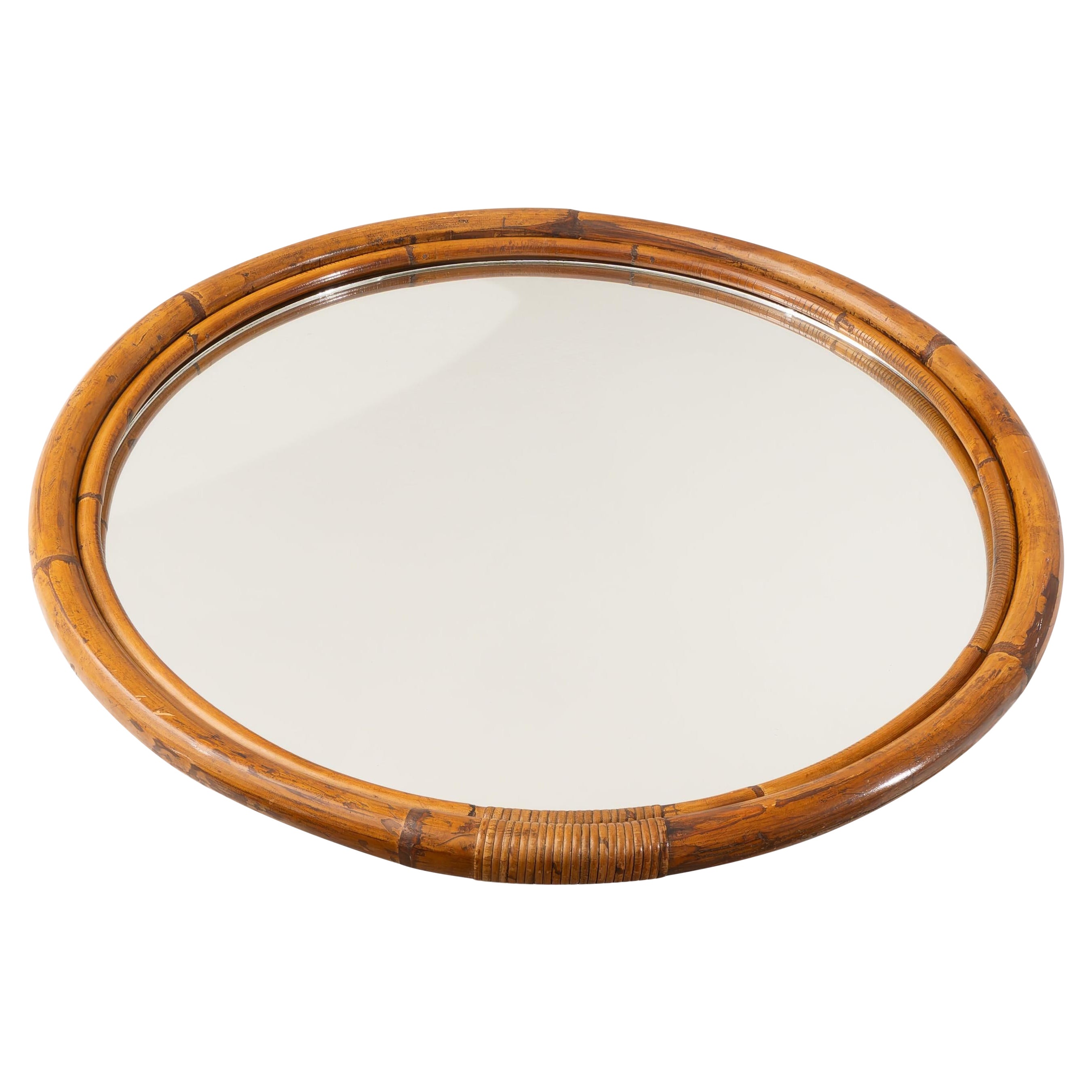 Large round bamboo wall mirror, 1960s