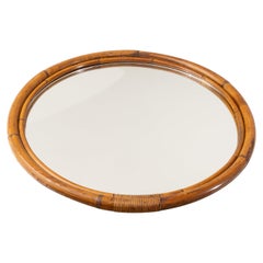 Grand miroir mural rond en bambou, années 1960