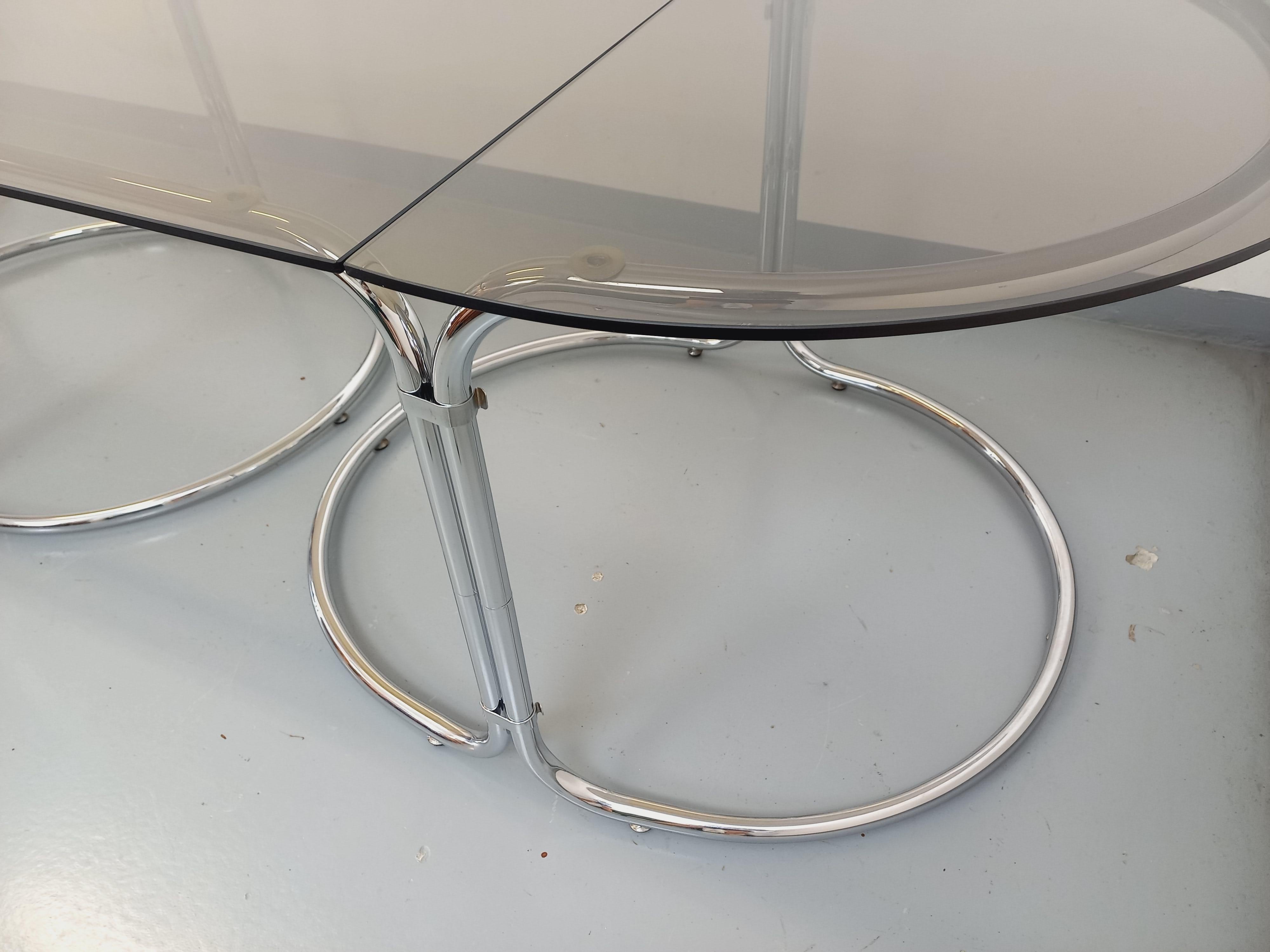 Grande table à manger ovale modulable vintage en verre fumé et métal chromé en vente 12