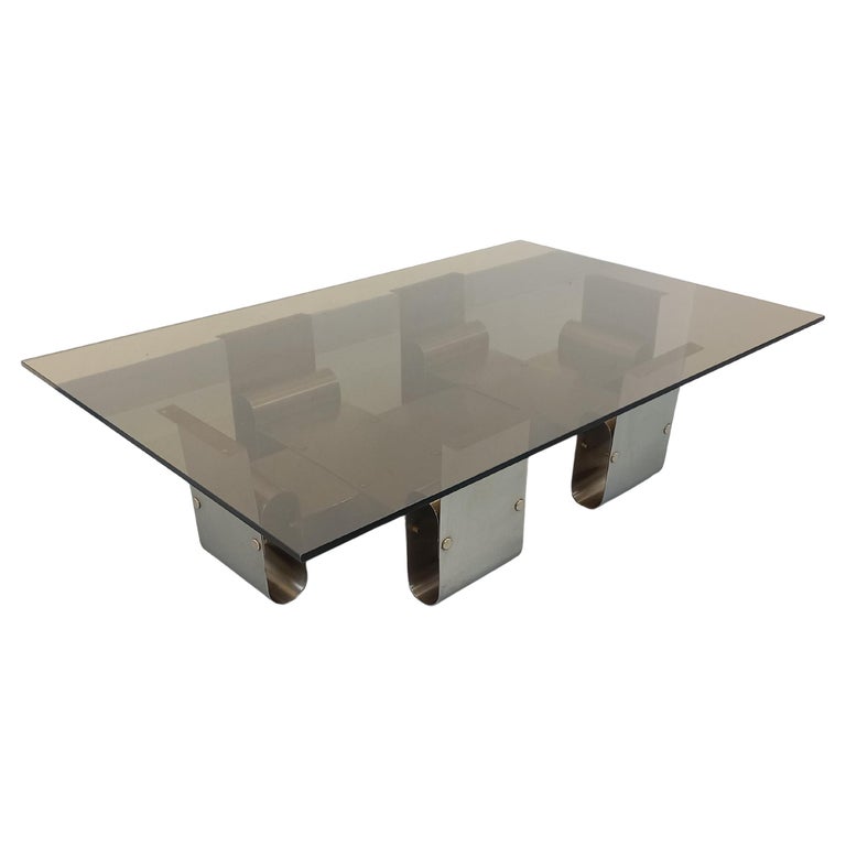 François Monnet, pour Kappa . Table basse acier brossé et verre. 1970 JLF