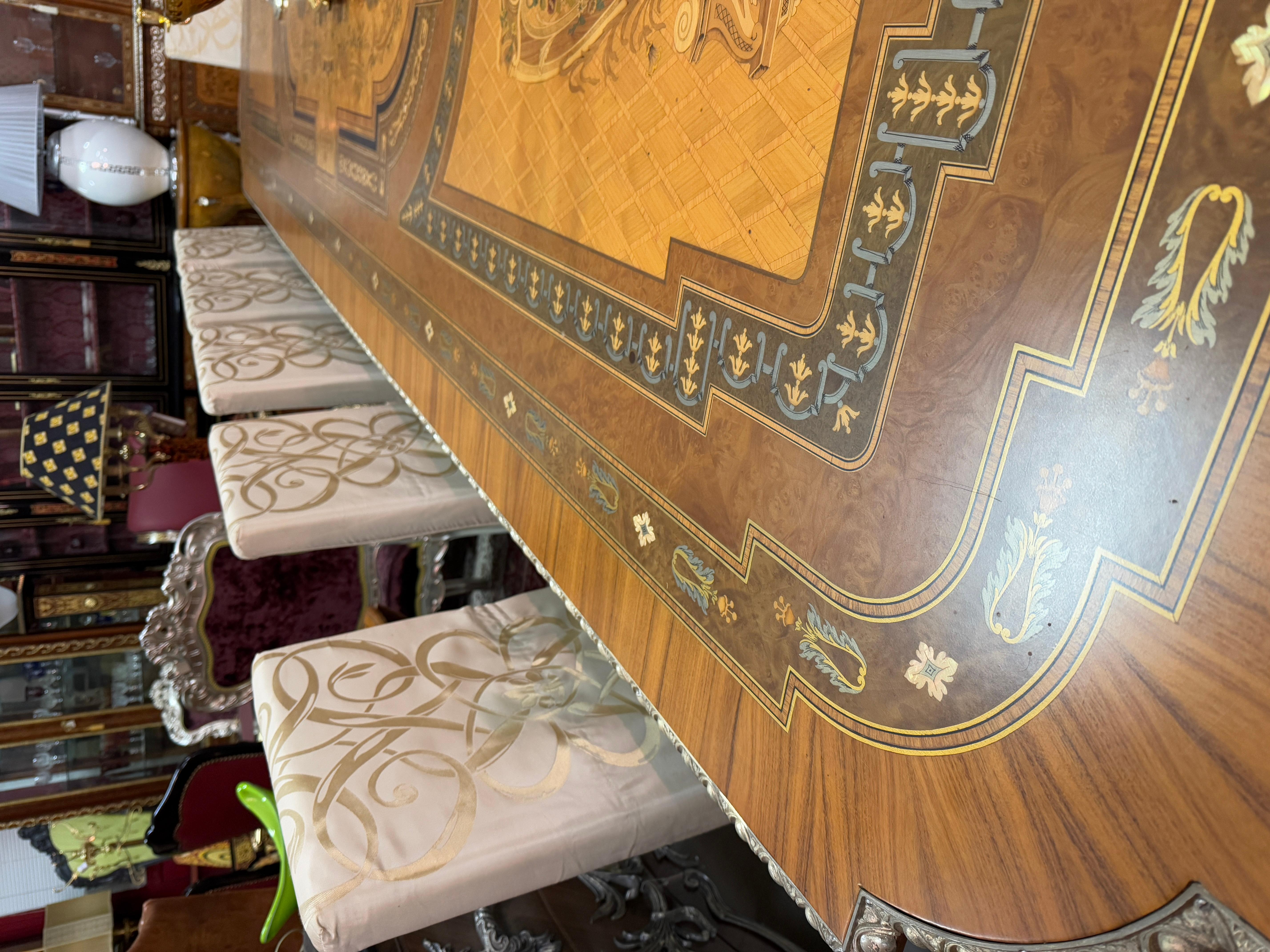 Inlay Large Italian imperio style dining table plus 12 chairs 1960s For Sale