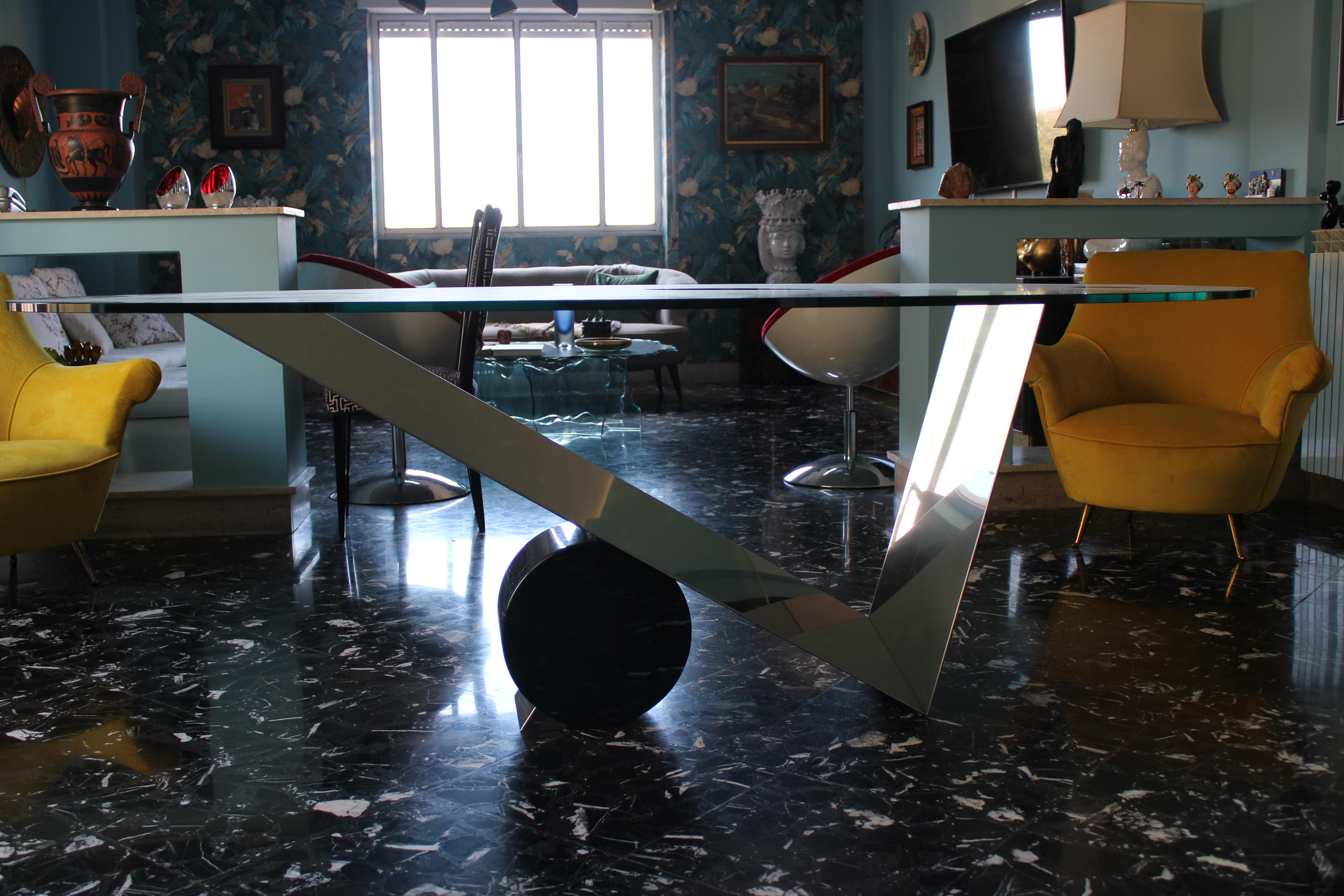 Large Oval Table Cattellan Black Marble Steel and Crystal Italy For Sale 4