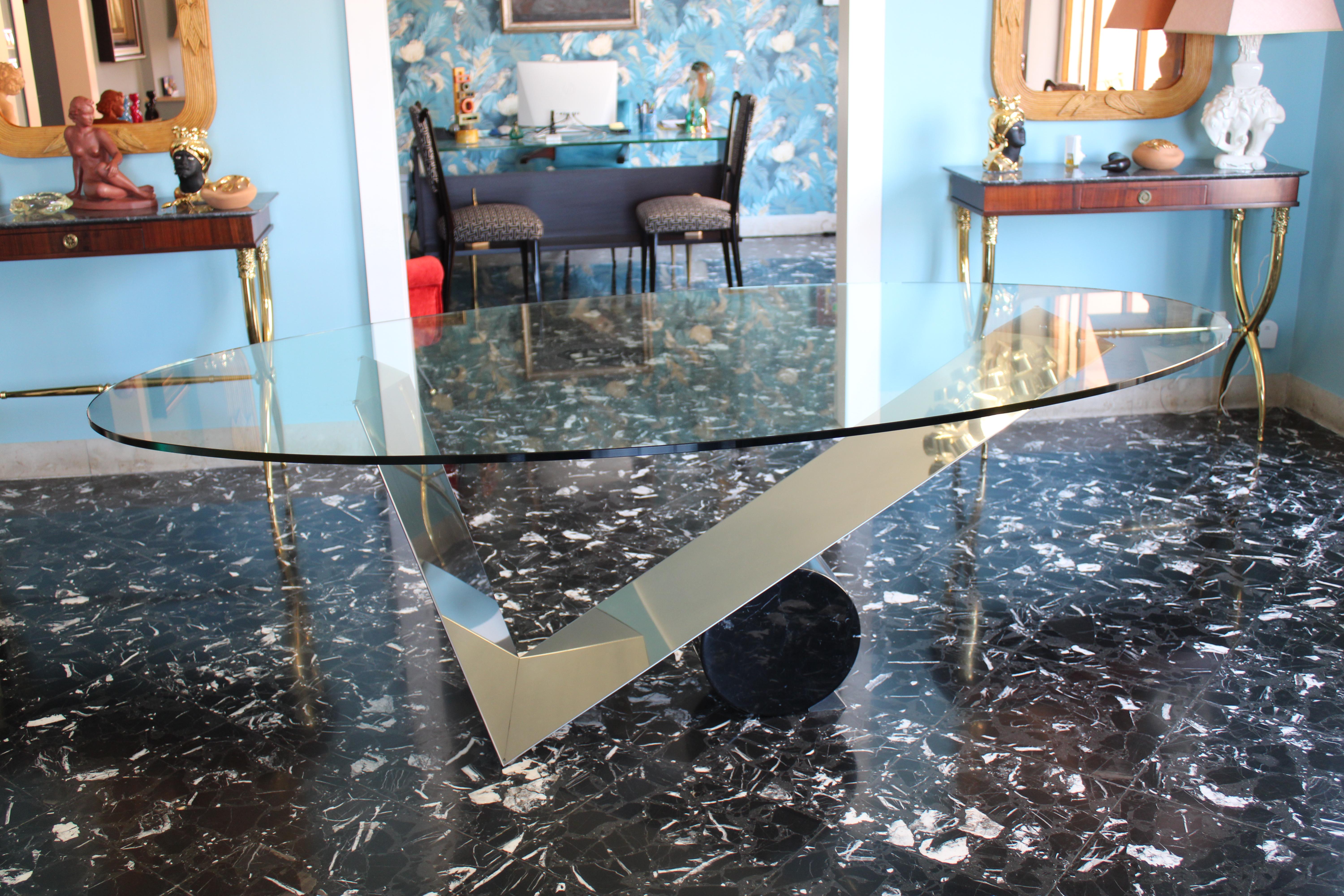 Large Oval Table Cattellan Black Marble Steel and Crystal Italy For Sale 7