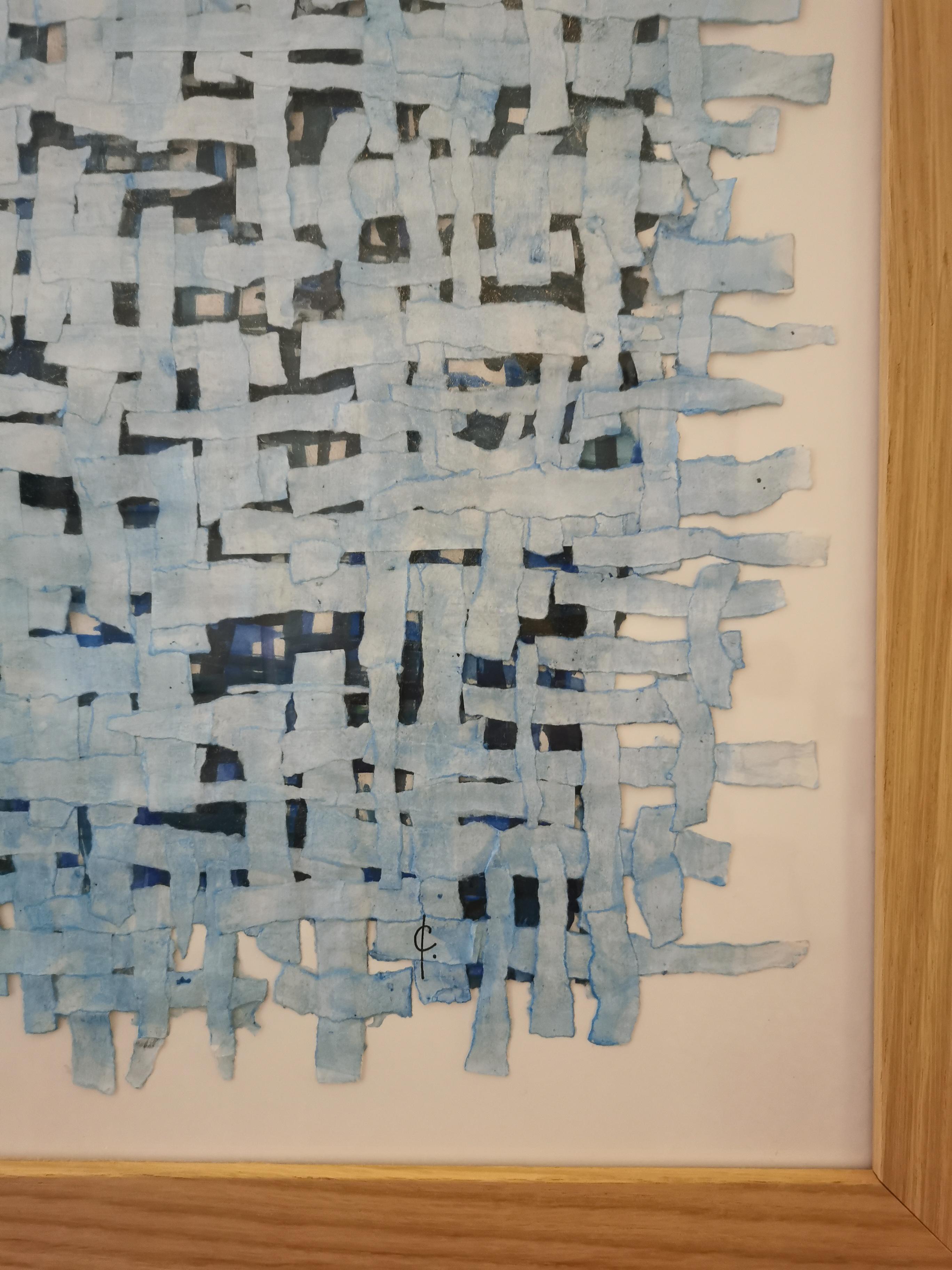 Grand tissage papier de Cécile Morin-Verdier, technique mixte incluant papier Japon déchiré, aquarelle et acrylique, sur grande toile encadrée sur mesure .
Le papier est au centre de la démarche artistique de Cécile Morin-Verdier.
Elle utilise de