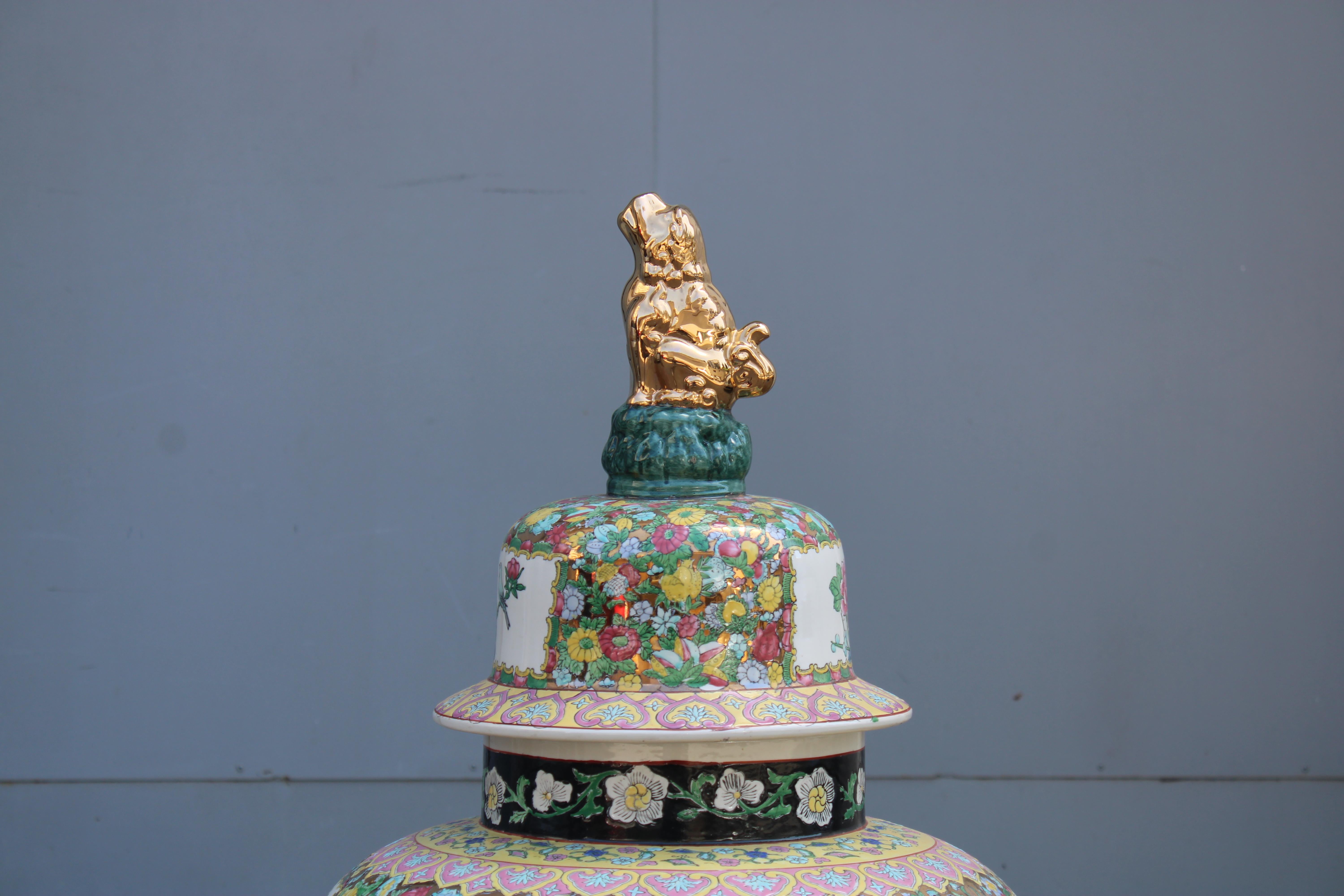 Chinoiserie Large Chinese Vase with 24KT Gold Decorations and Parts Mid-century Asian Design For Sale