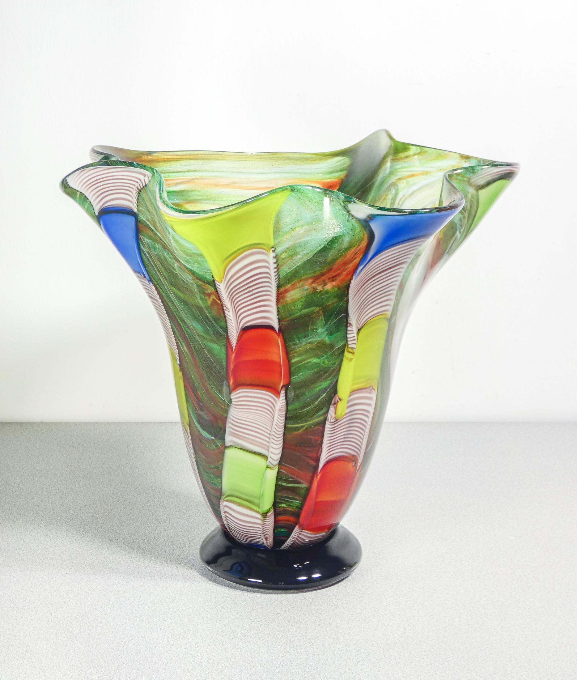 Italian Large vase, Murano polychrome blown glass bowl, signed on bottom For Sale
