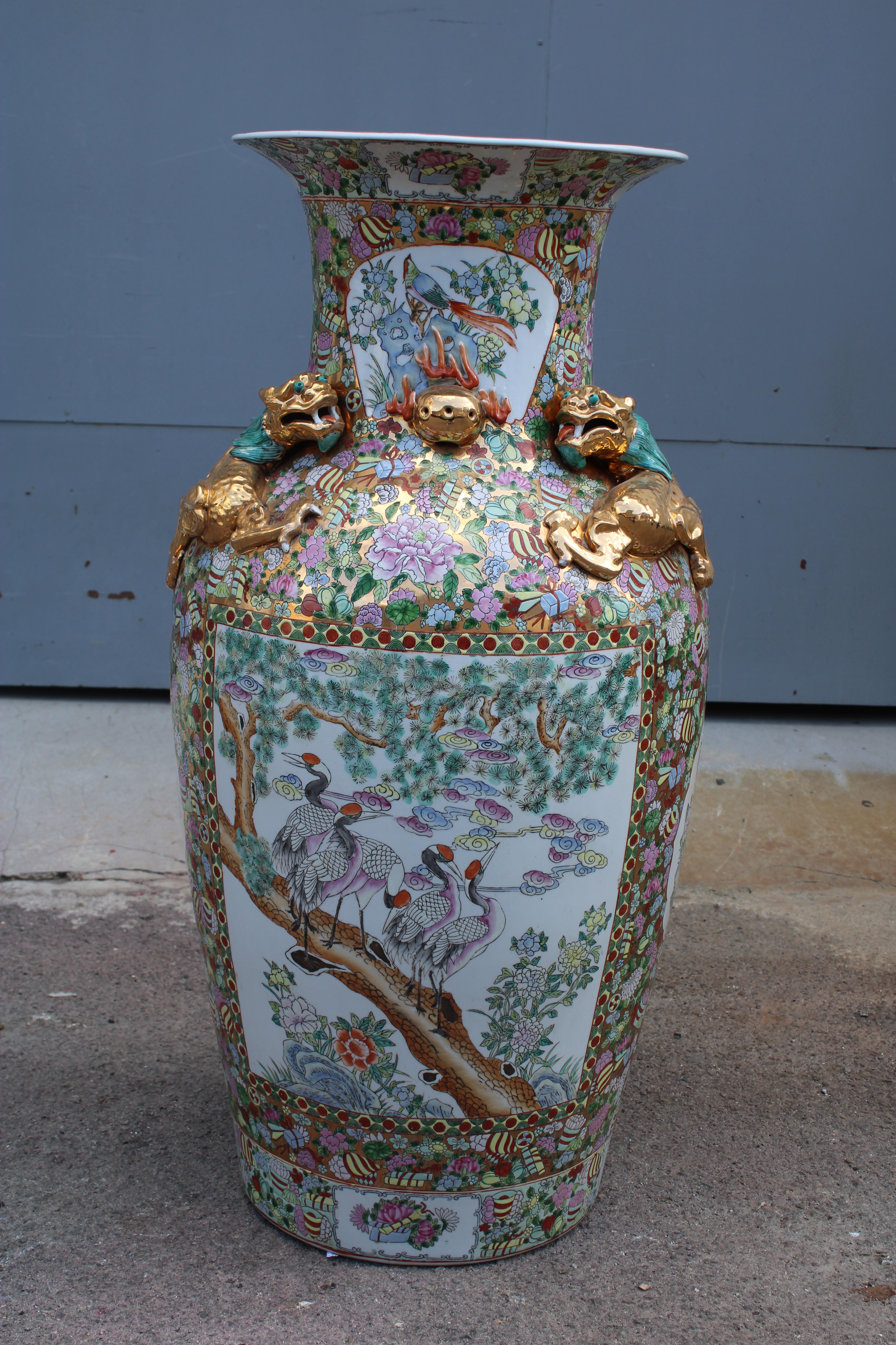 Large 1940 Qing Dynasty vase decorated Floral with Gold Dragons.