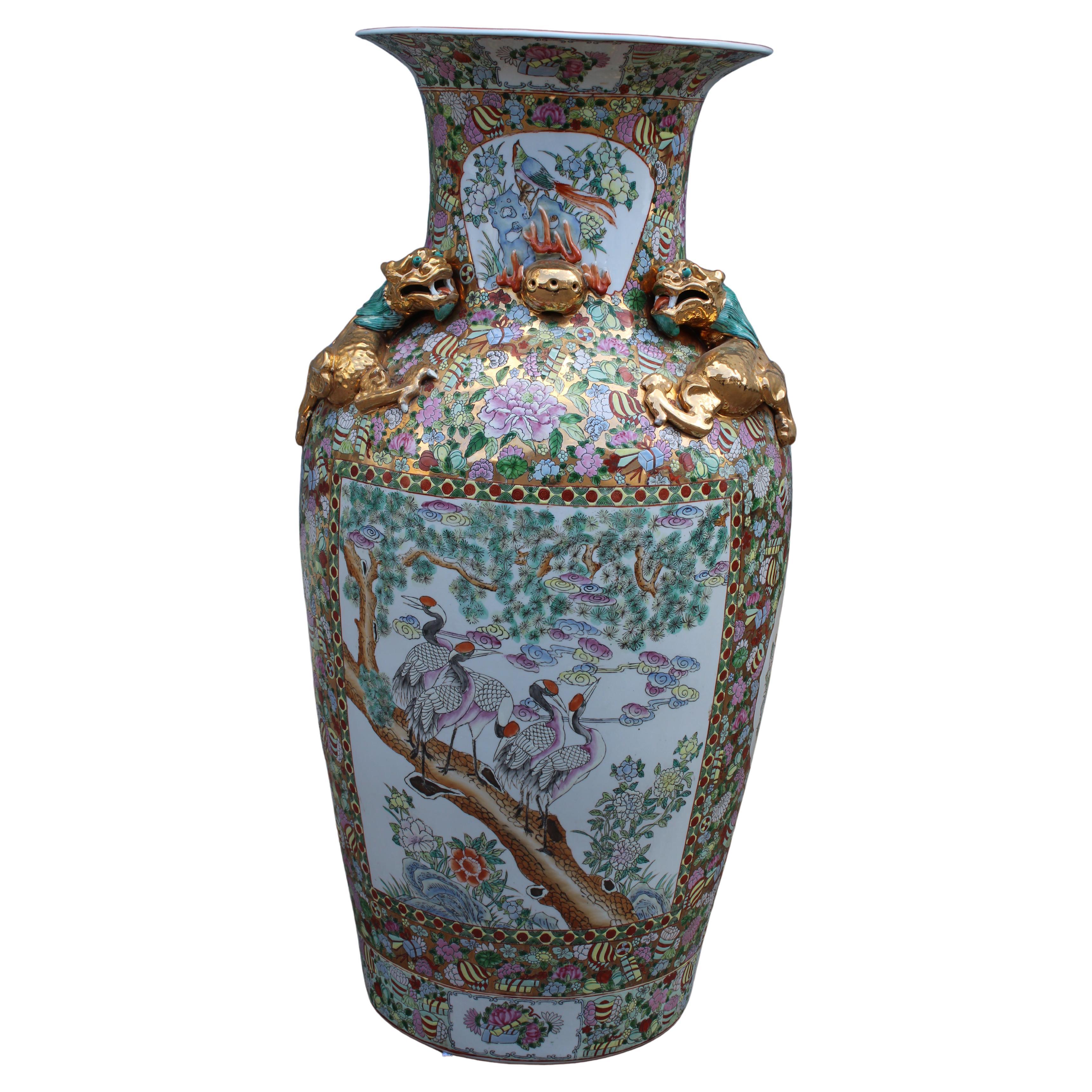 Large Oriental Chinese Floral Vase with Dragons in 24KT Gold  qing Dynasty