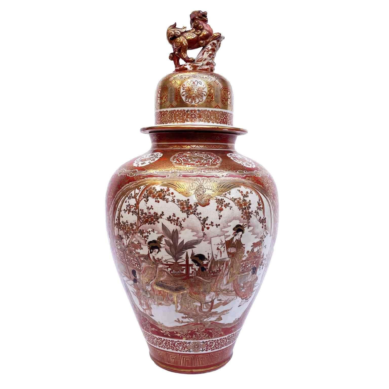 Monumental Japanese Lidded Vase In Kutani Porcelain Meiji Period Late 1800s red ground with rich gold decoration of flowers, birds and people within reserves.
94 cm tall this imposing  Porcelain Vase of the Meiji period is an outstanding example of