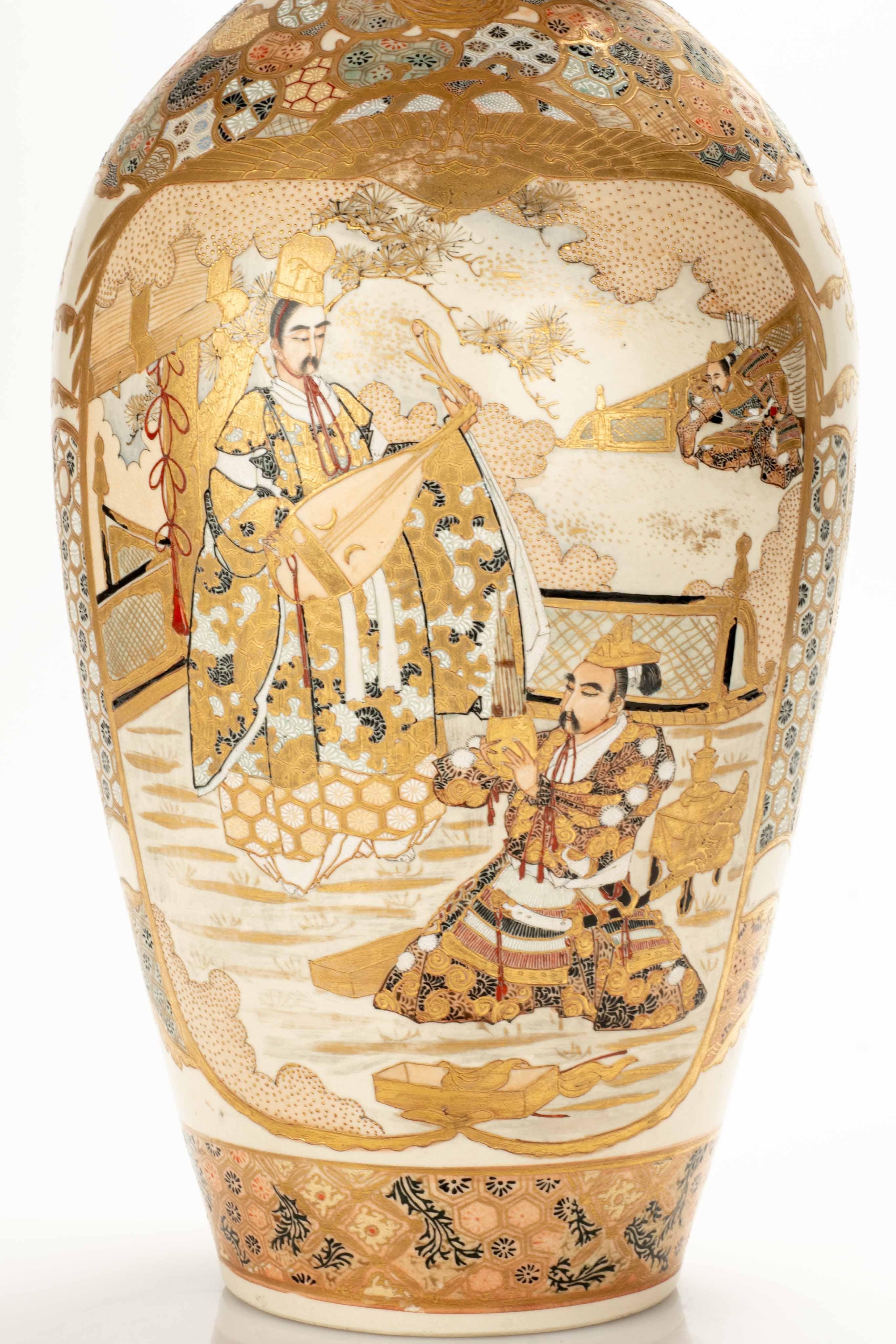 Hand-Painted Large Satsuma vase featuring representations of nobles and children For Sale