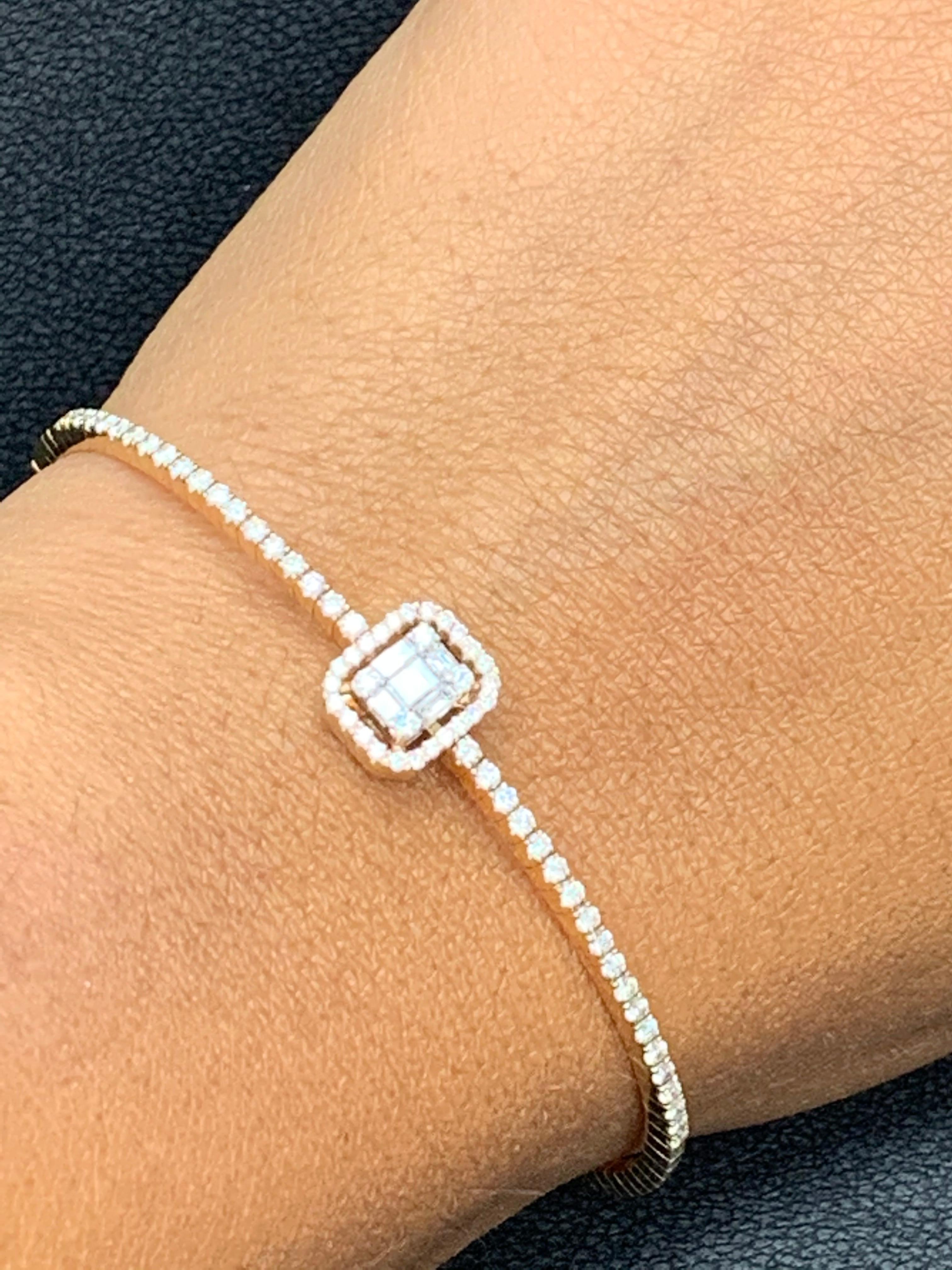 A chic and simple cuff bracelet with a Brilliant Baguette Diamonds weighing 0.21 carat in total surrounded by a row of diamonds in the center and on both sides of the design. Magnetic lock clasp makes it easy to wear. Made in 18 karat Rose