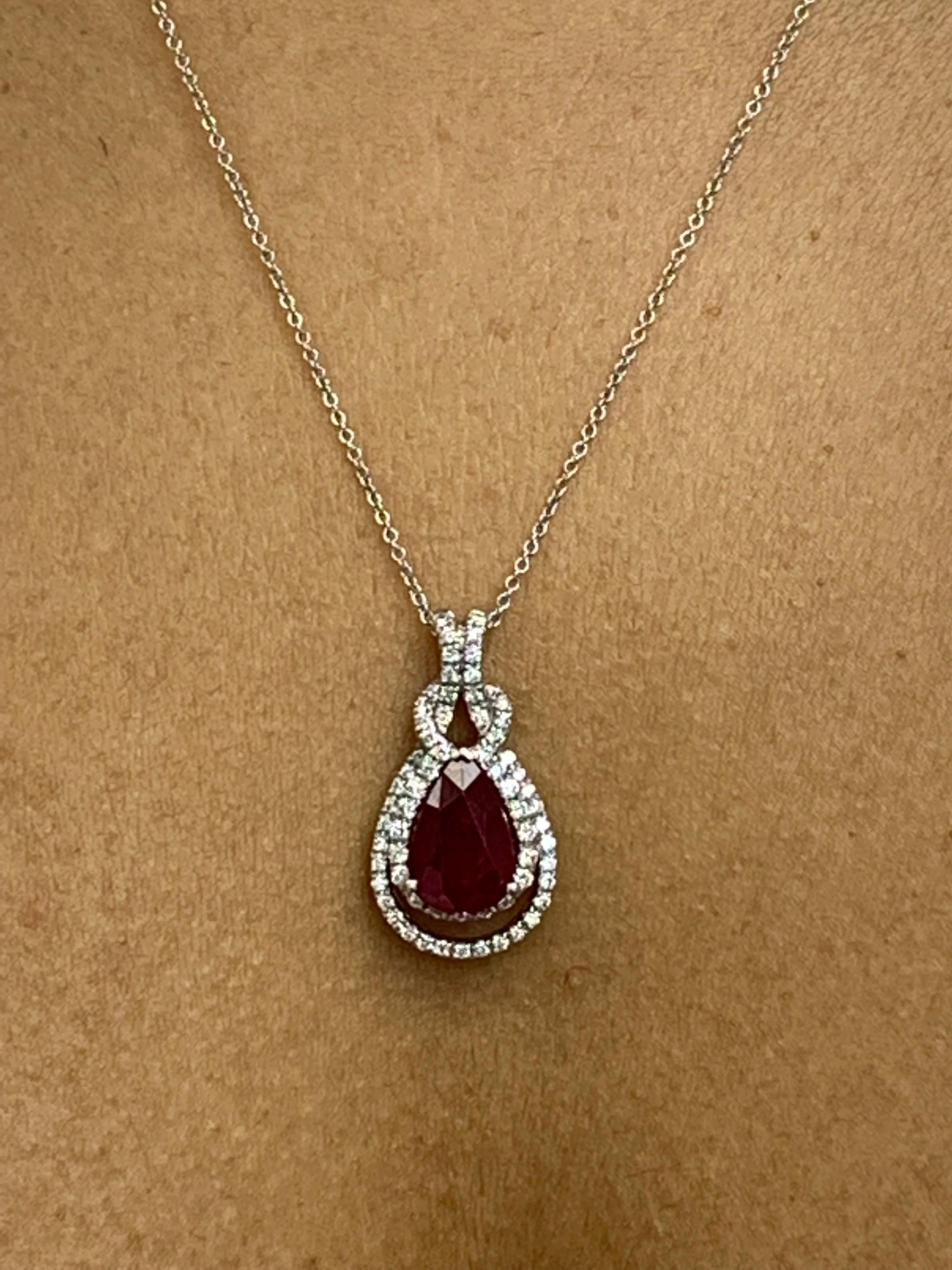 0.51 Carat Pear Shape Ruby and Diamond Drop Pendant in 18K White Gold For Sale 4