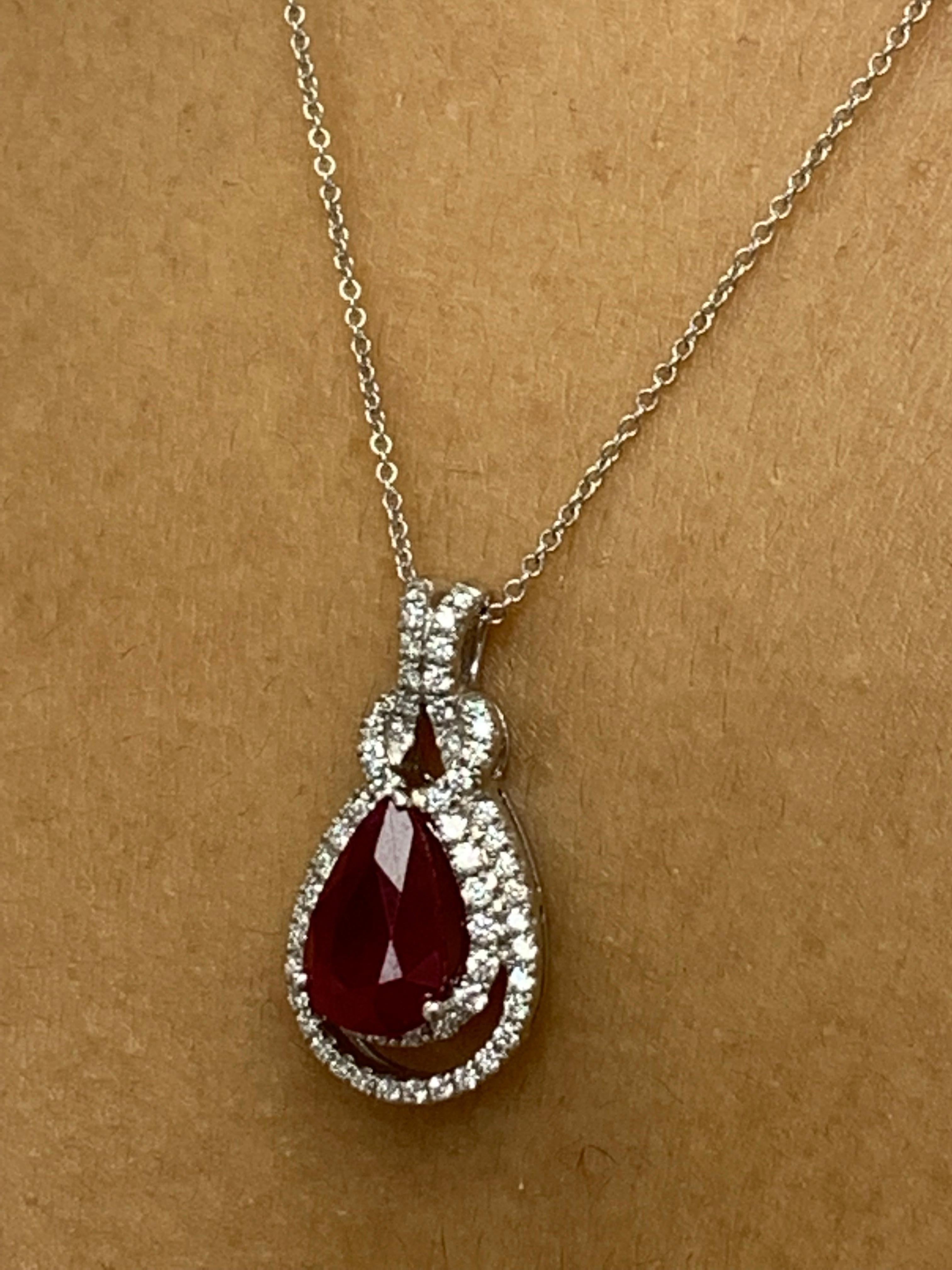 0.51 Carat Pear Shape Ruby and Diamond Drop Pendant in 18K White Gold For Sale 5