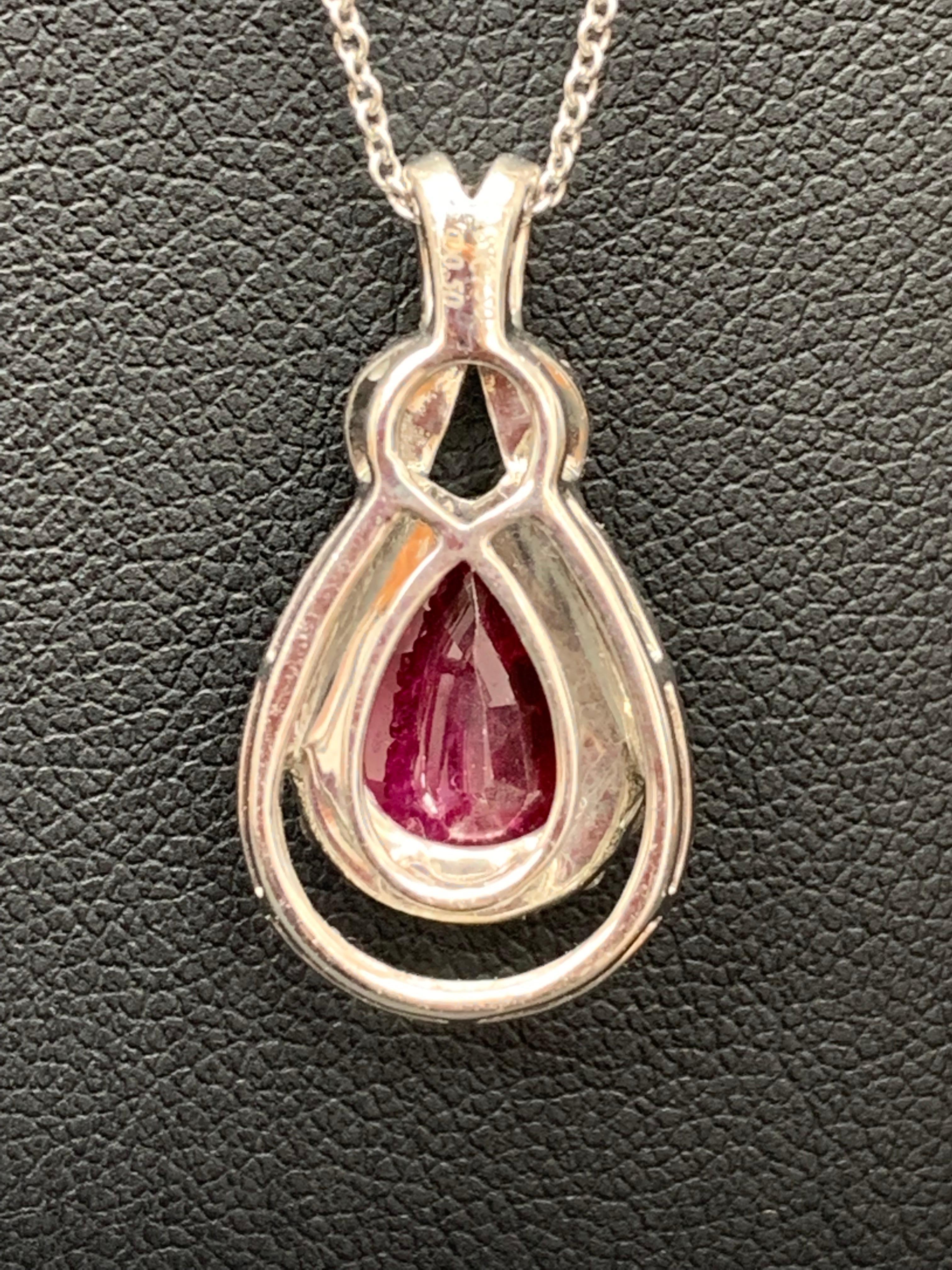Pear Cut 0.51 Carat Pear Shape Ruby and Diamond Drop Pendant in 18K White Gold For Sale