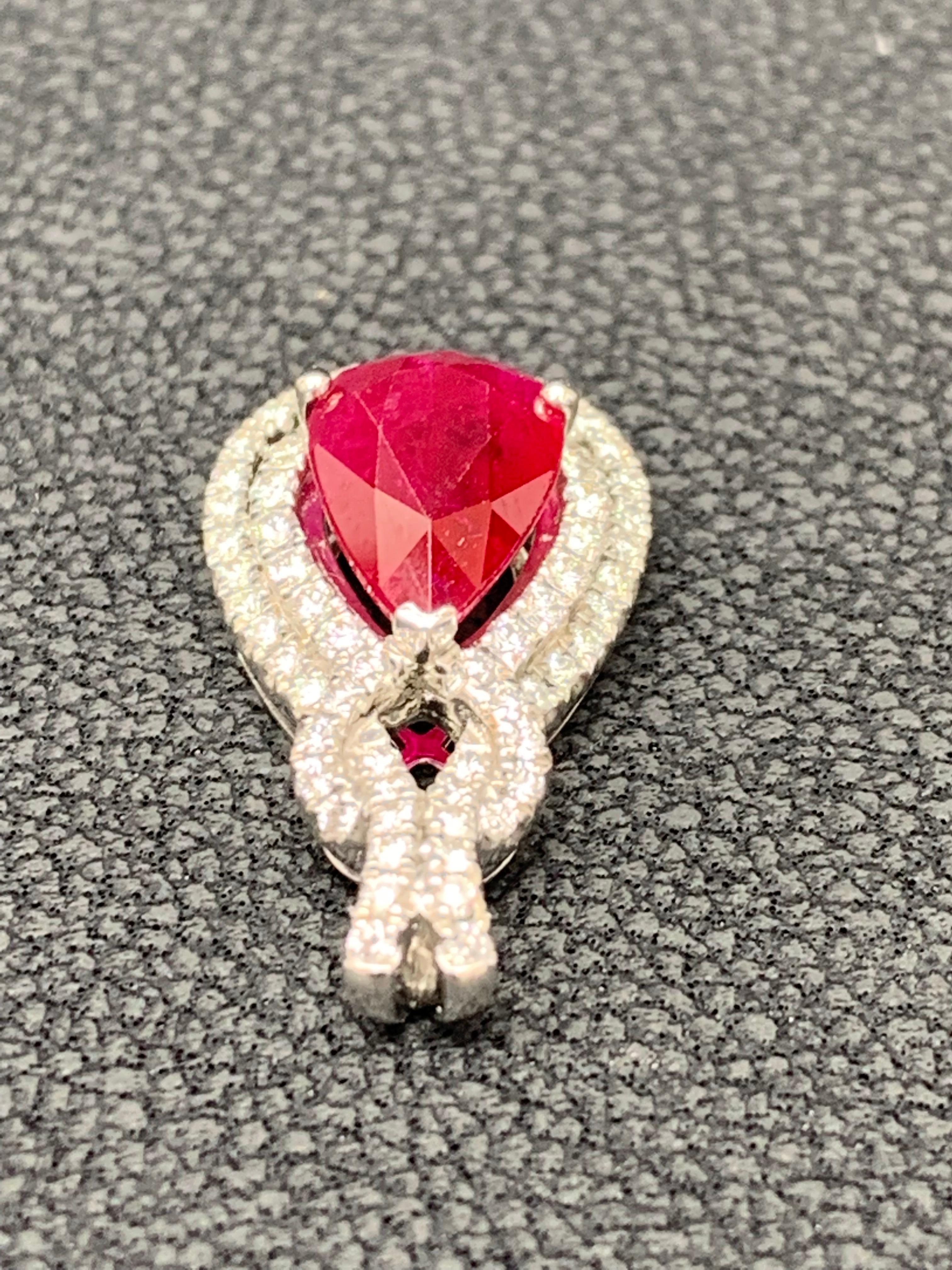 0.51 Carat Pear Shape Ruby and Diamond Drop Pendant in 18K White Gold For Sale 1