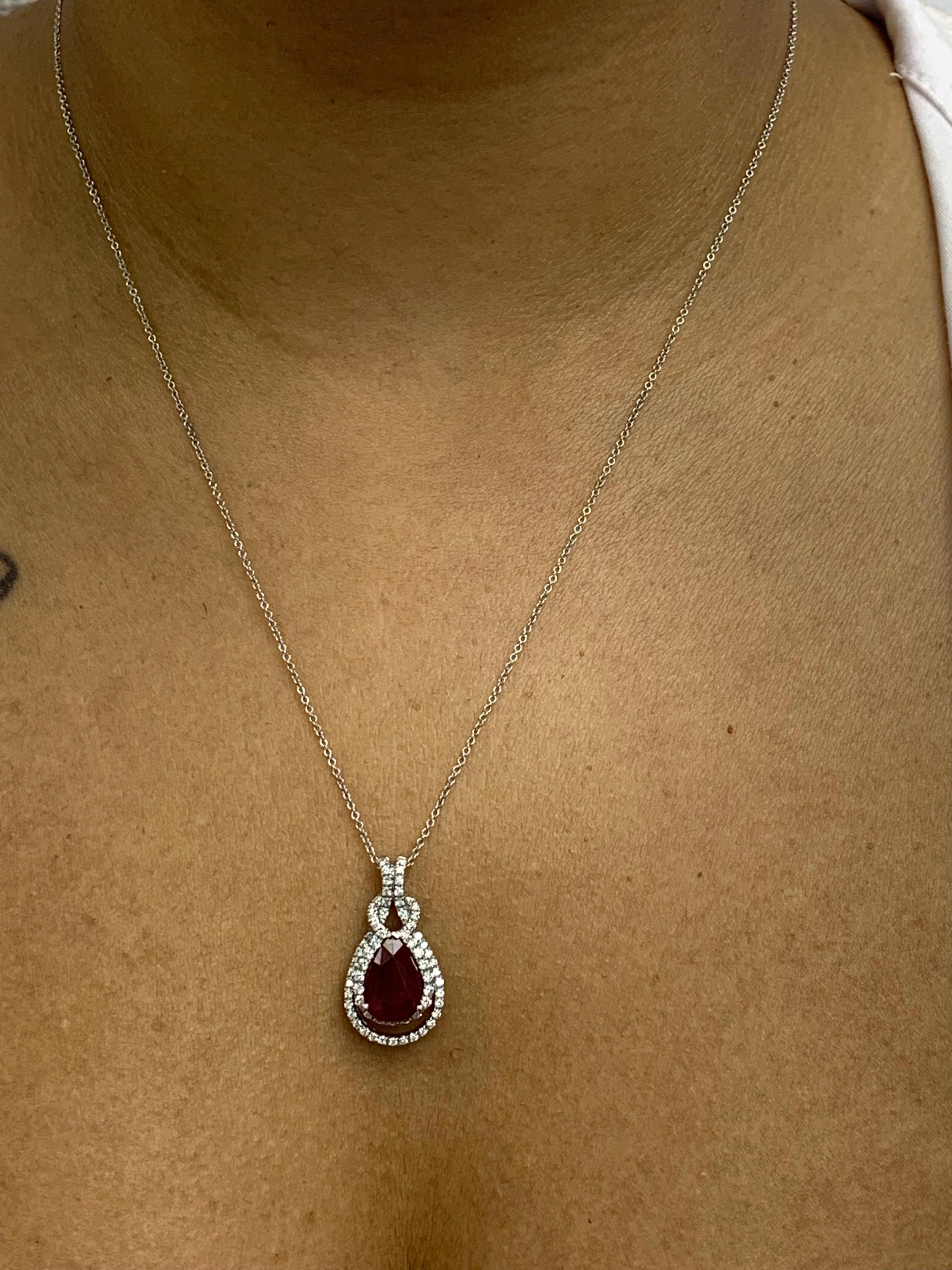 0.51 Carat Pear Shape Ruby and Diamond Drop Pendant in 18K White Gold For Sale 3