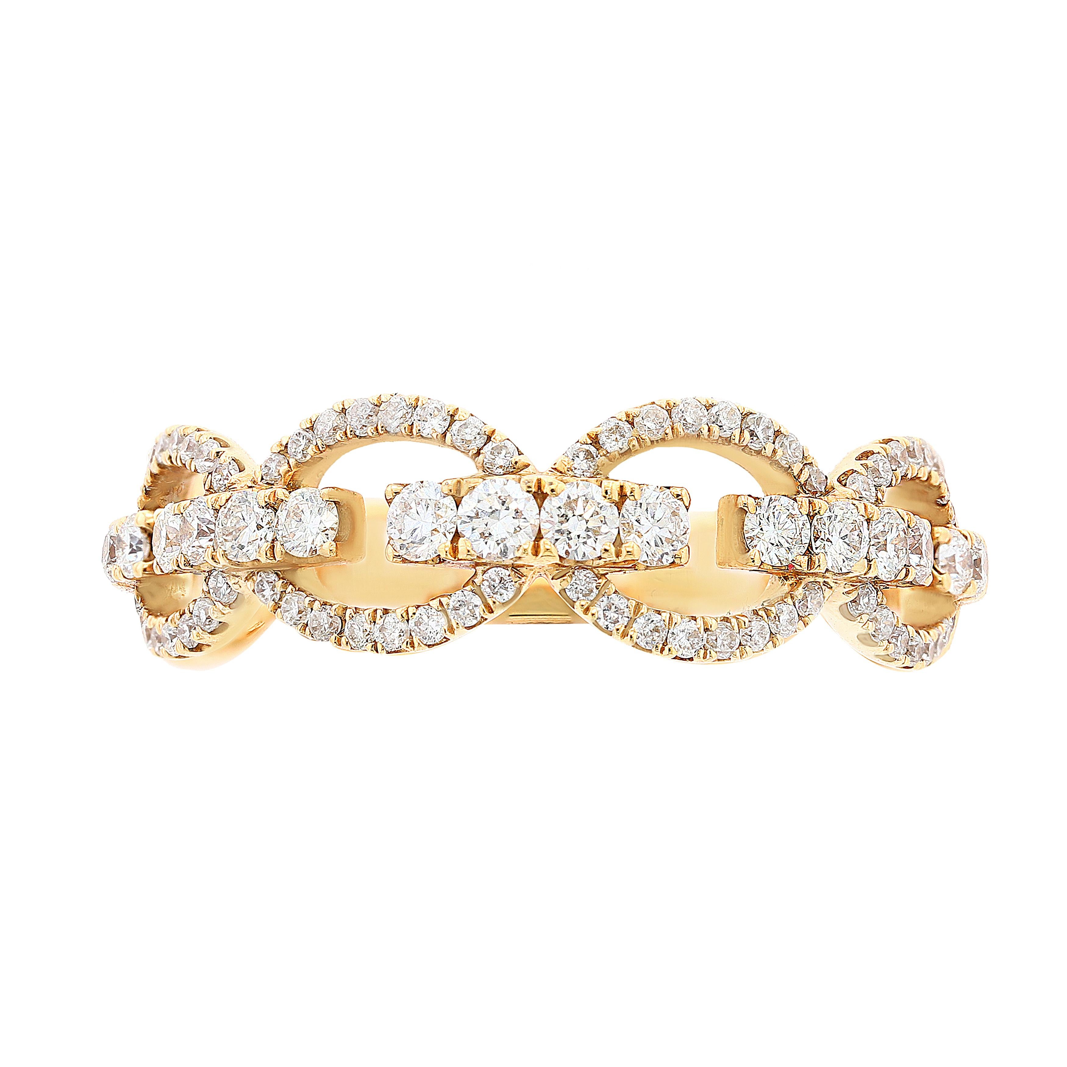 Round brilliant diamonds in a creative open-work design. Diamonds weigh 0.51 Carats total. Made in 18K Yellow Gold.  Size 6.5 US (Sizable).
All diamonds are GH color- SI1 clarity.
Avaialble in white and rose gold too.