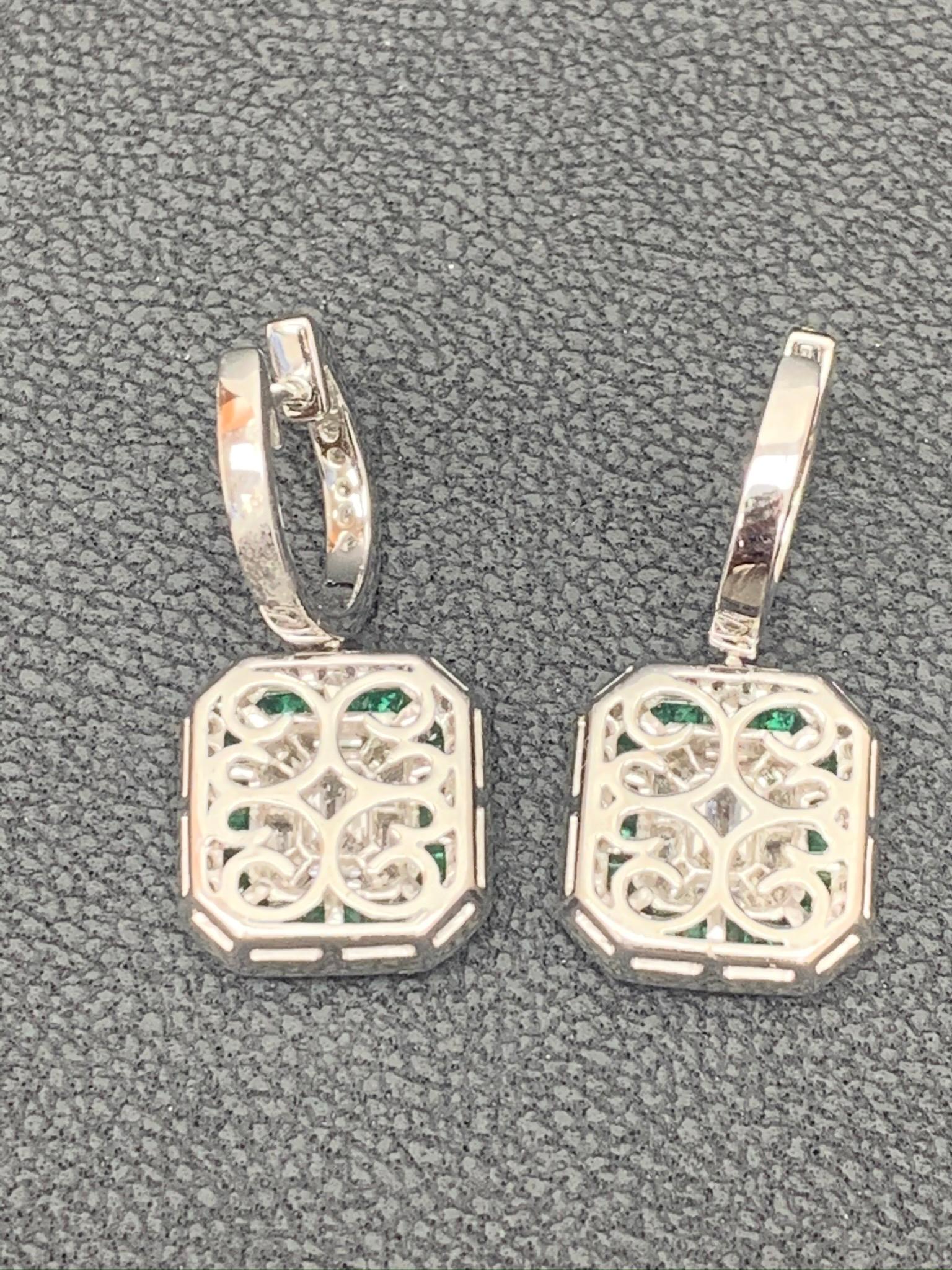 0.62 Carat Emerald Cut Diamond Emerald 18K White Gold Dangle Earrings For Sale 4