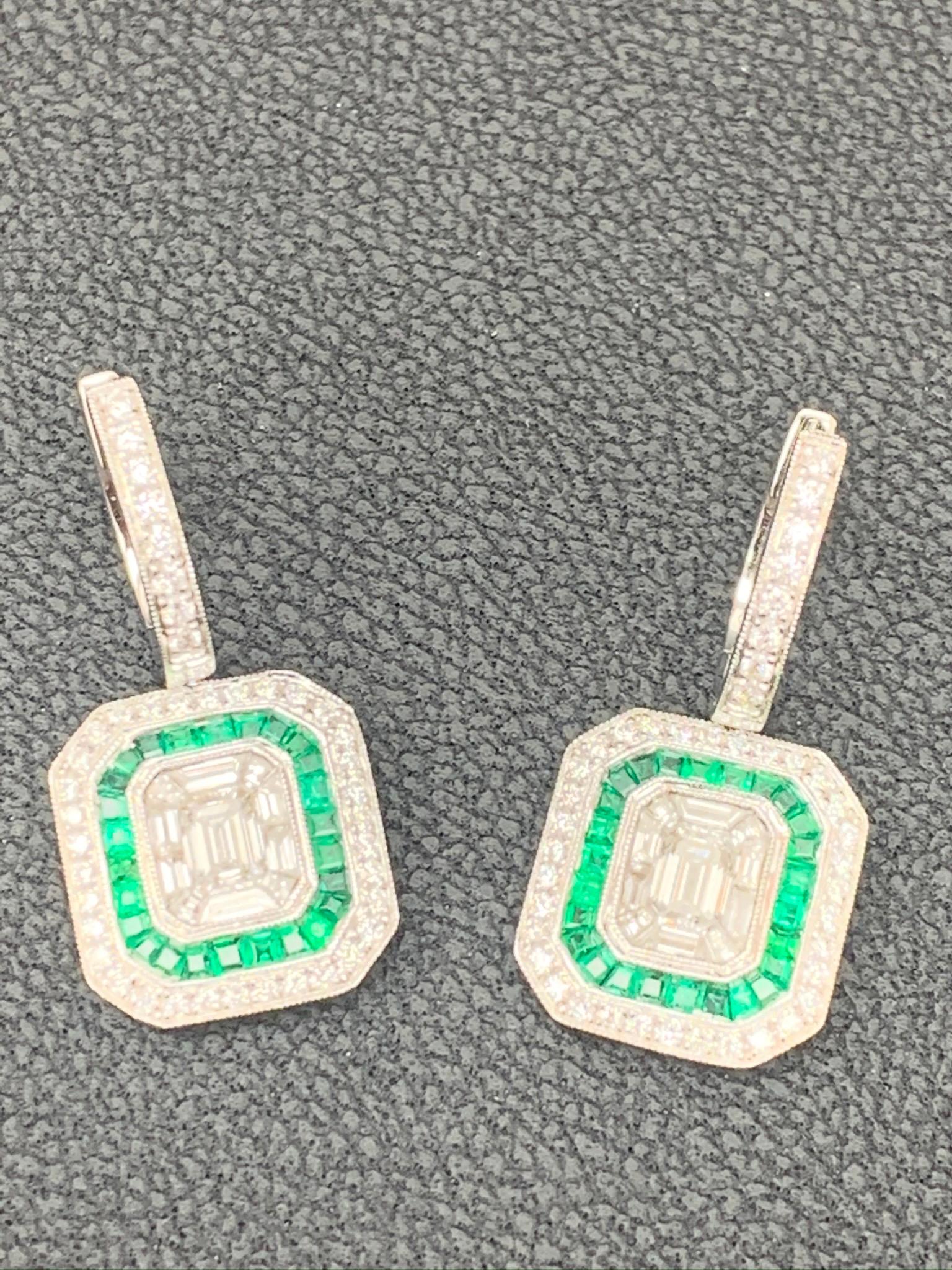 0.62 Carat Emerald Cut Diamond Emerald 18K White Gold Dangle Earrings For Sale 5