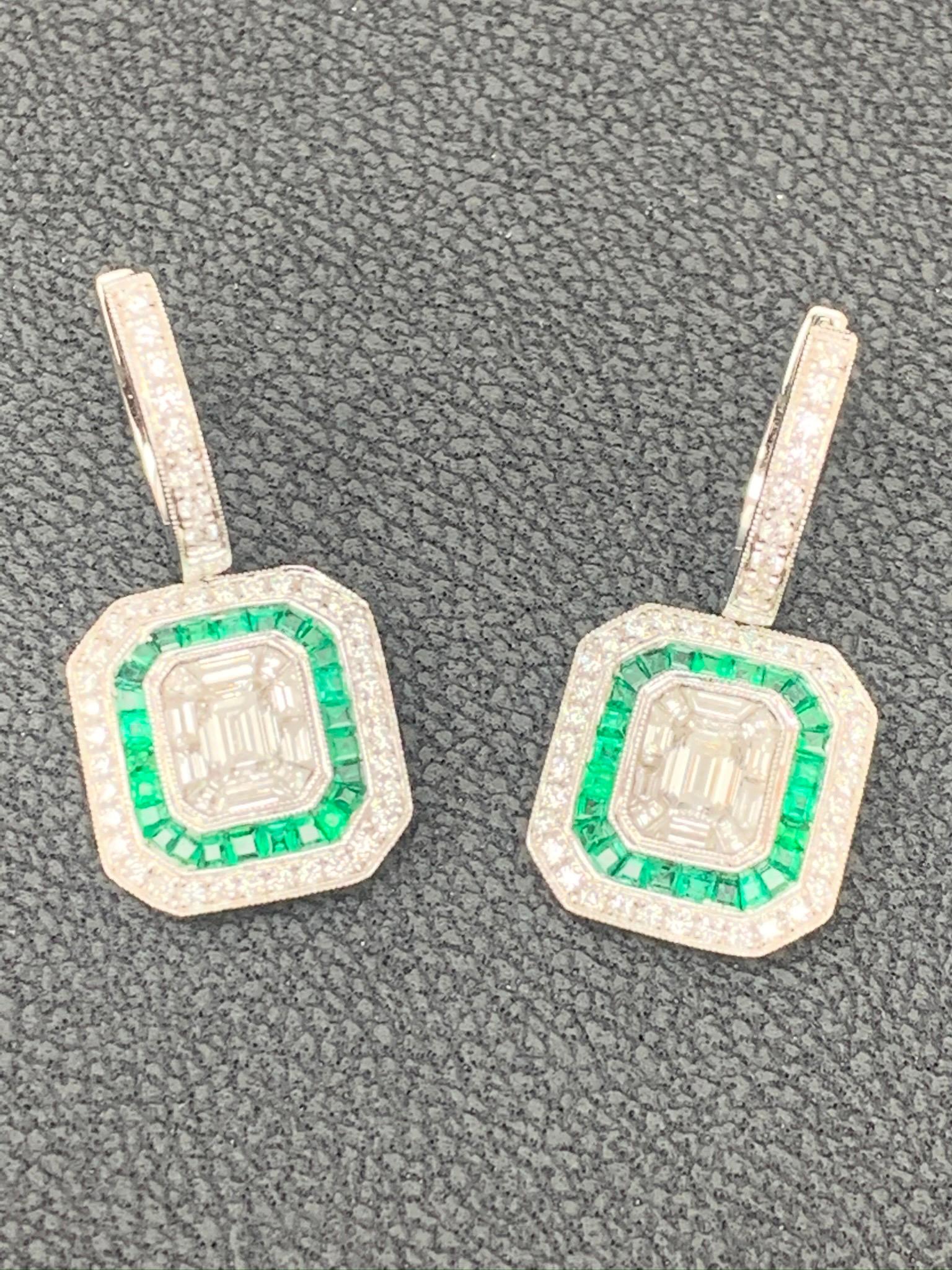 Pendants d'oreilles en or blanc 18 carats avec diamants taille émeraude de 0,62 carat et émeraude en vente 6