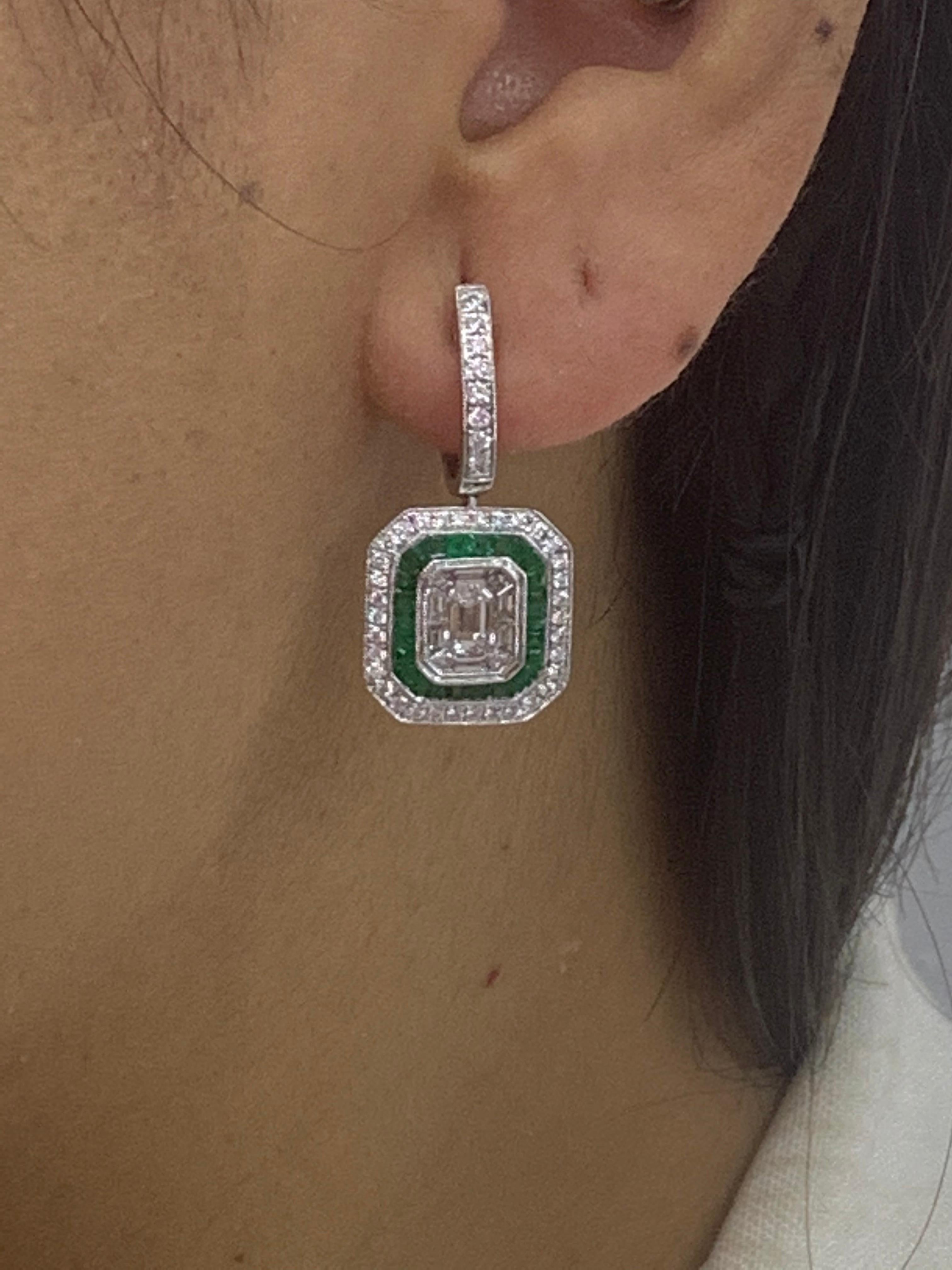 0.62 Carat Emerald Cut Diamond Emerald 18K White Gold Dangle Earrings For Sale 7