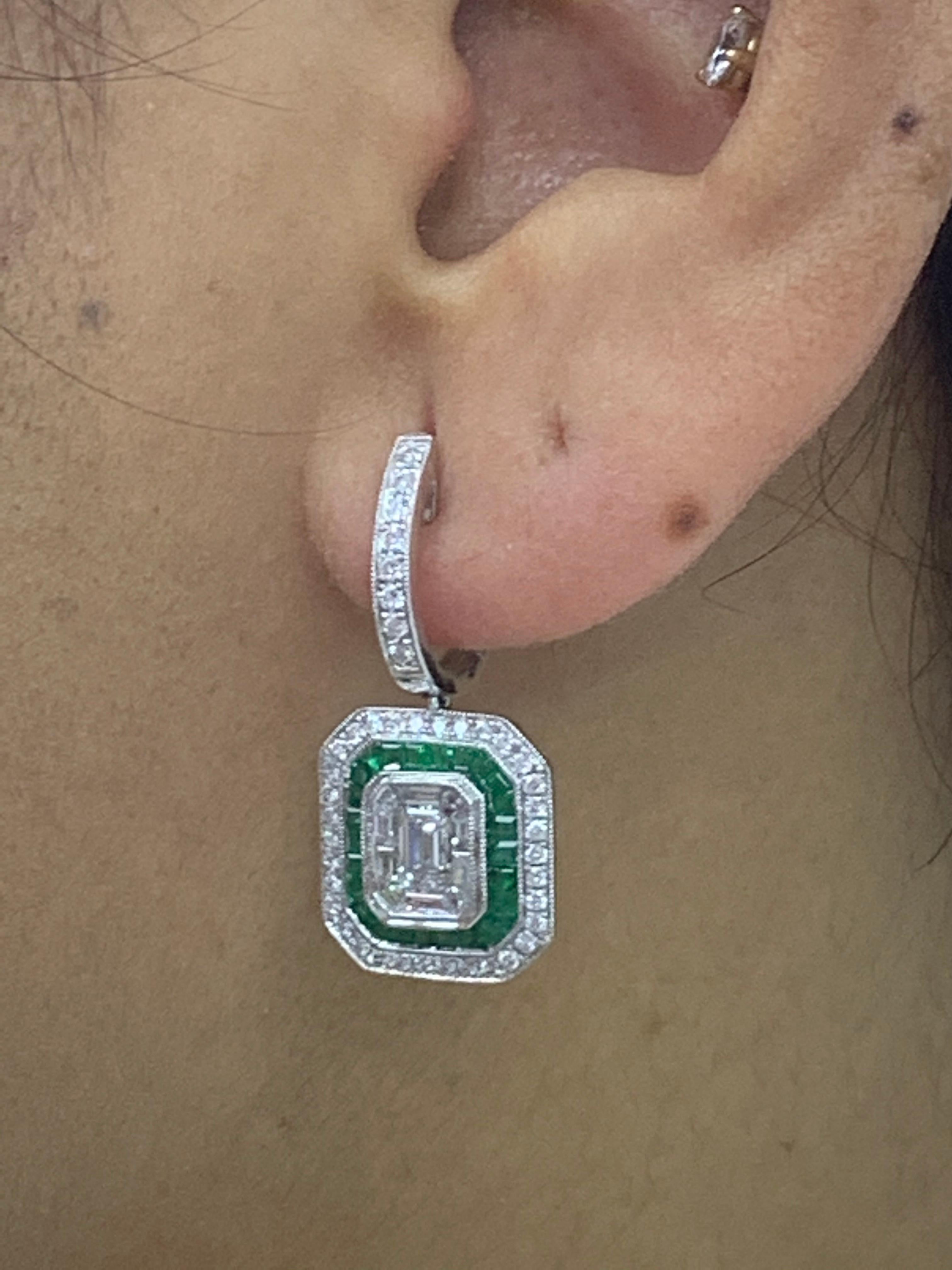 0.62 Carat Emerald Cut Diamond Emerald 18K White Gold Dangle Earrings For Sale 8