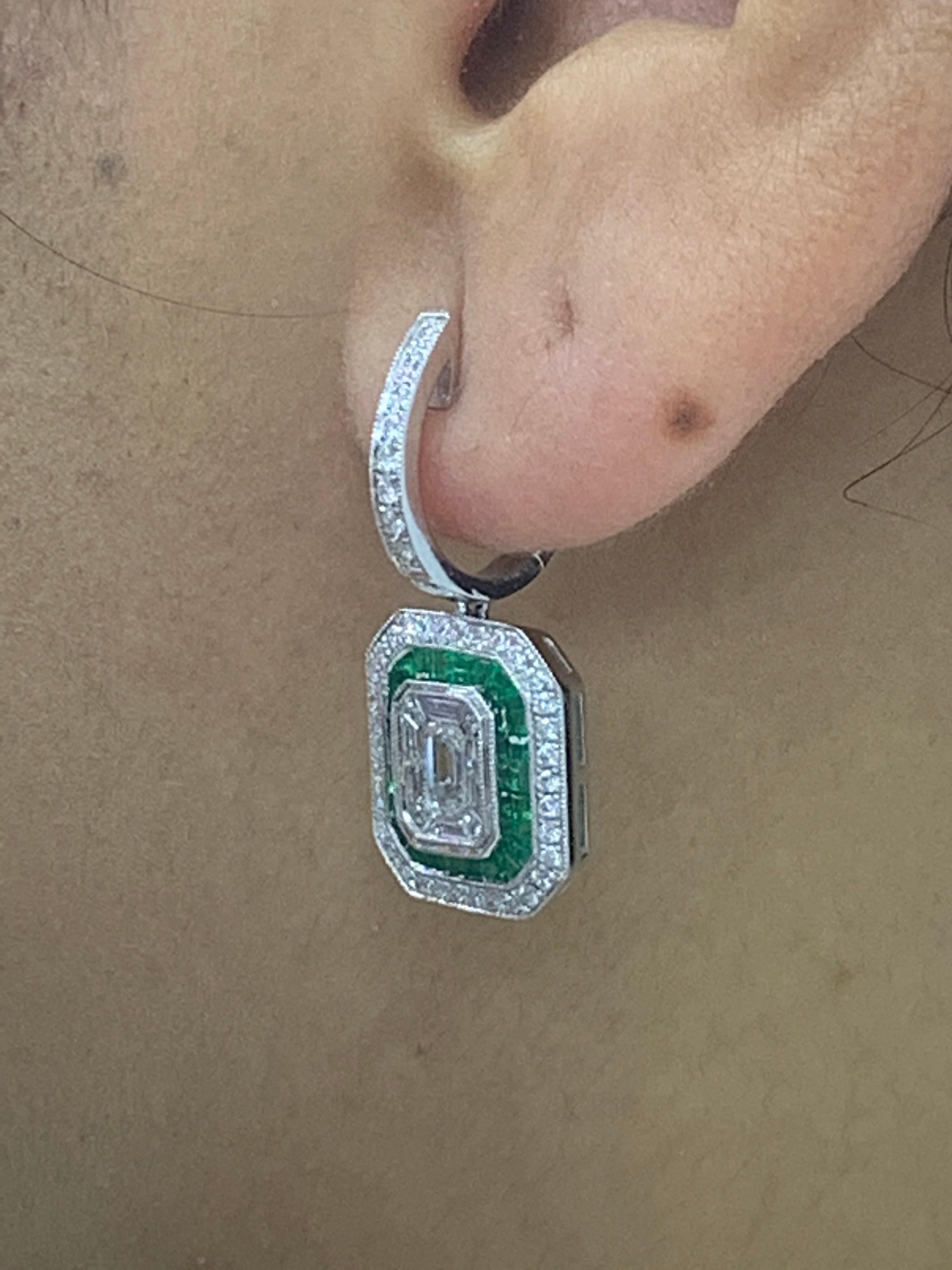 0.62 Carat Emerald Cut Diamond Emerald 18K White Gold Dangle Earrings For Sale 9