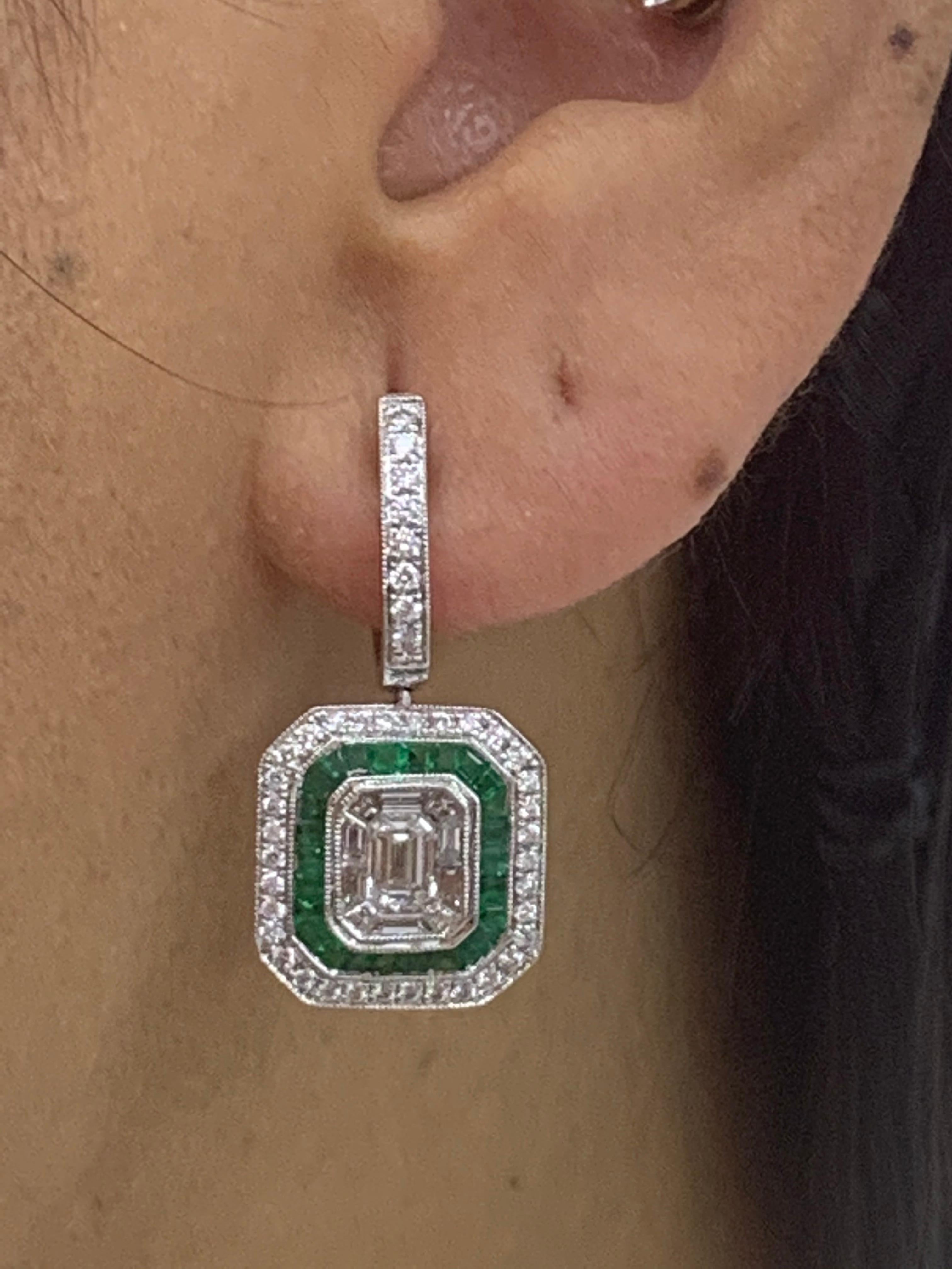 0.62 Carat Emerald Cut Diamond Emerald 18K White Gold Dangle Earrings For Sale 10