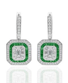 0.62 Carat Emerald Cut Diamond Emerald 18K White Gold Dangle Earrings