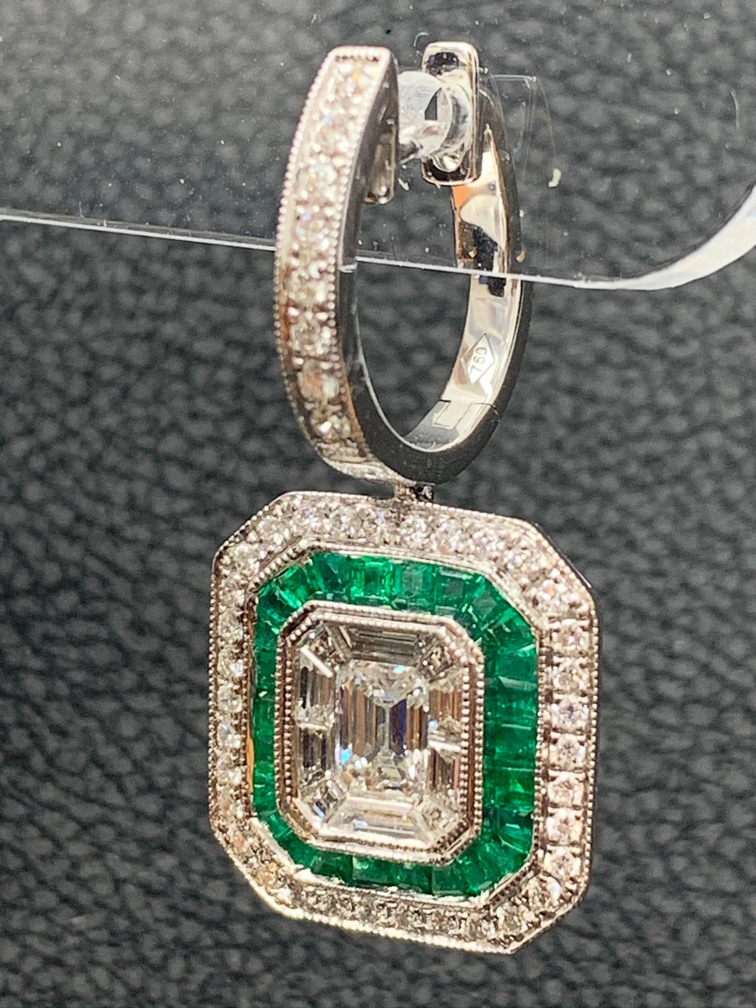 0.62 Carat Emerald Cut Diamond Emerald 18K White Gold Dangle Earrings For Sale 2