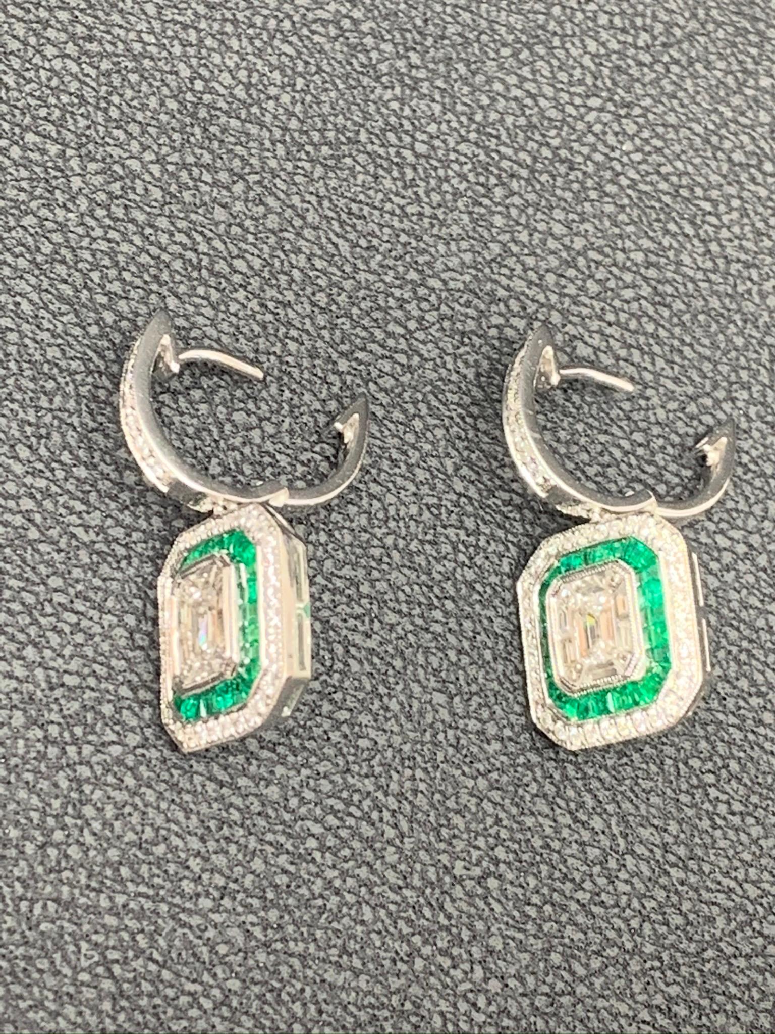 0.62 Carat Emerald Cut Diamond Emerald 18K White Gold Dangle Earrings For Sale 3