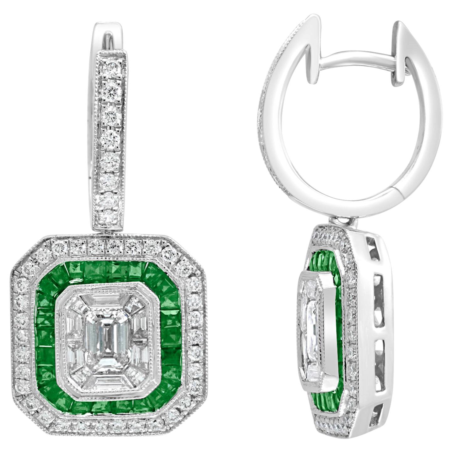 0.62 Carat Emerald Cut Diamond Emerald 18K White Gold Dangle Earrings For Sale