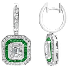 0.62 Carat Emerald Cut Diamond Emerald 18K White Gold Dangle Earrings