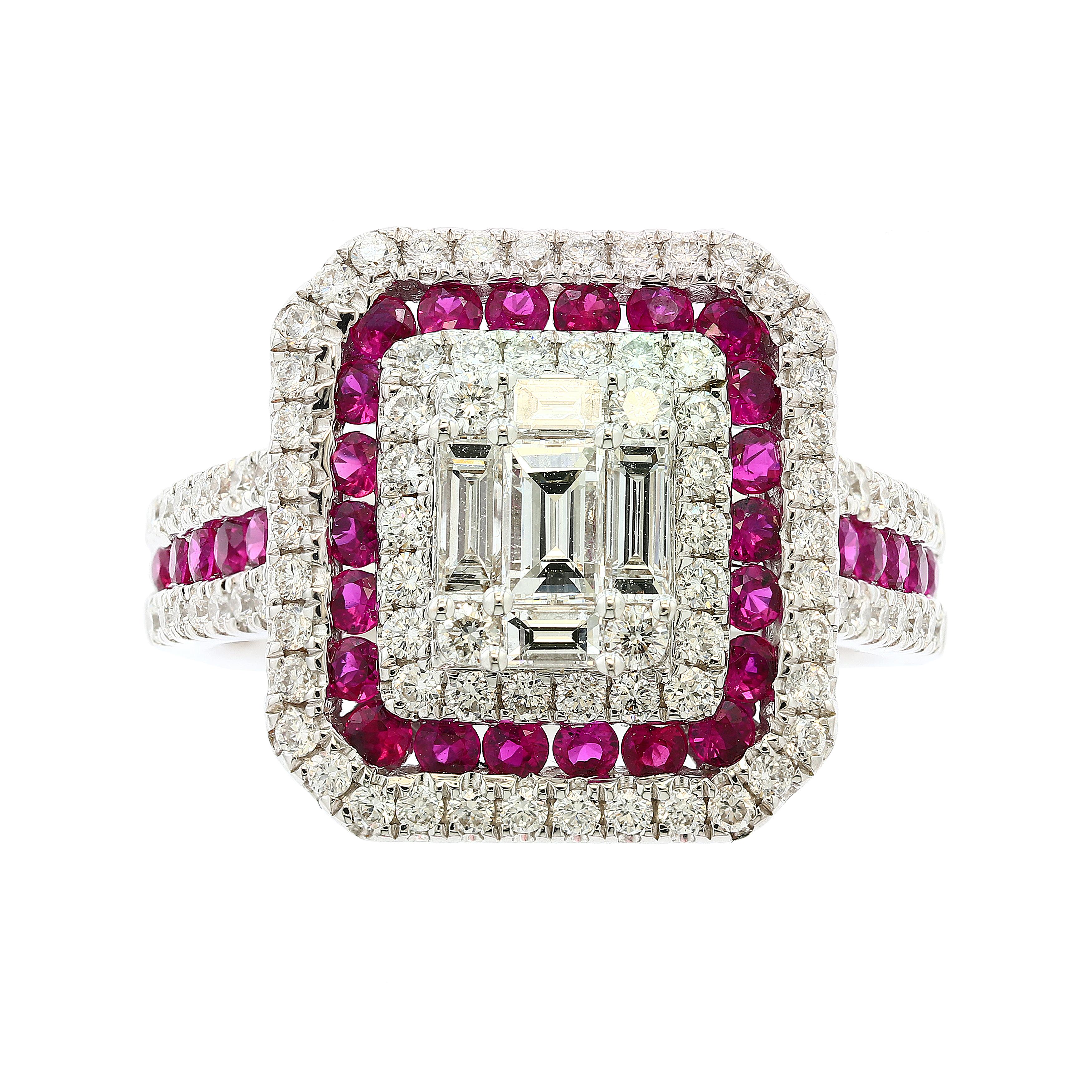 This cocktail ring  features 32 natural rubies weighing 0.73 carats total and 92  round brilliant diamonds weighing 0.367 carats total. Also there are 5 baguette diamonds in the center weighing 0.43 carat in total. The rubies have a dark purplish