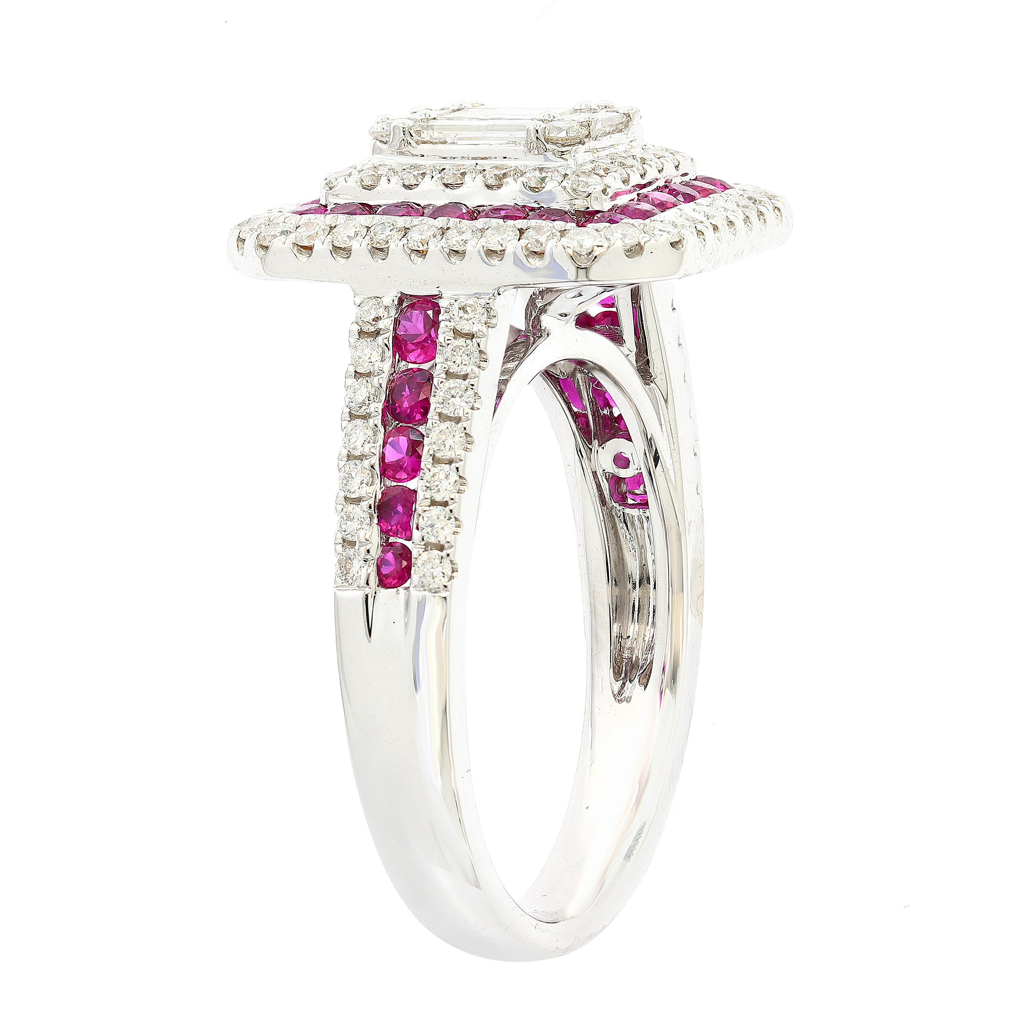 Baguette Cut 0.73 Carat Ruby and Diamond 18K White Gold Cocktail Ring For Sale