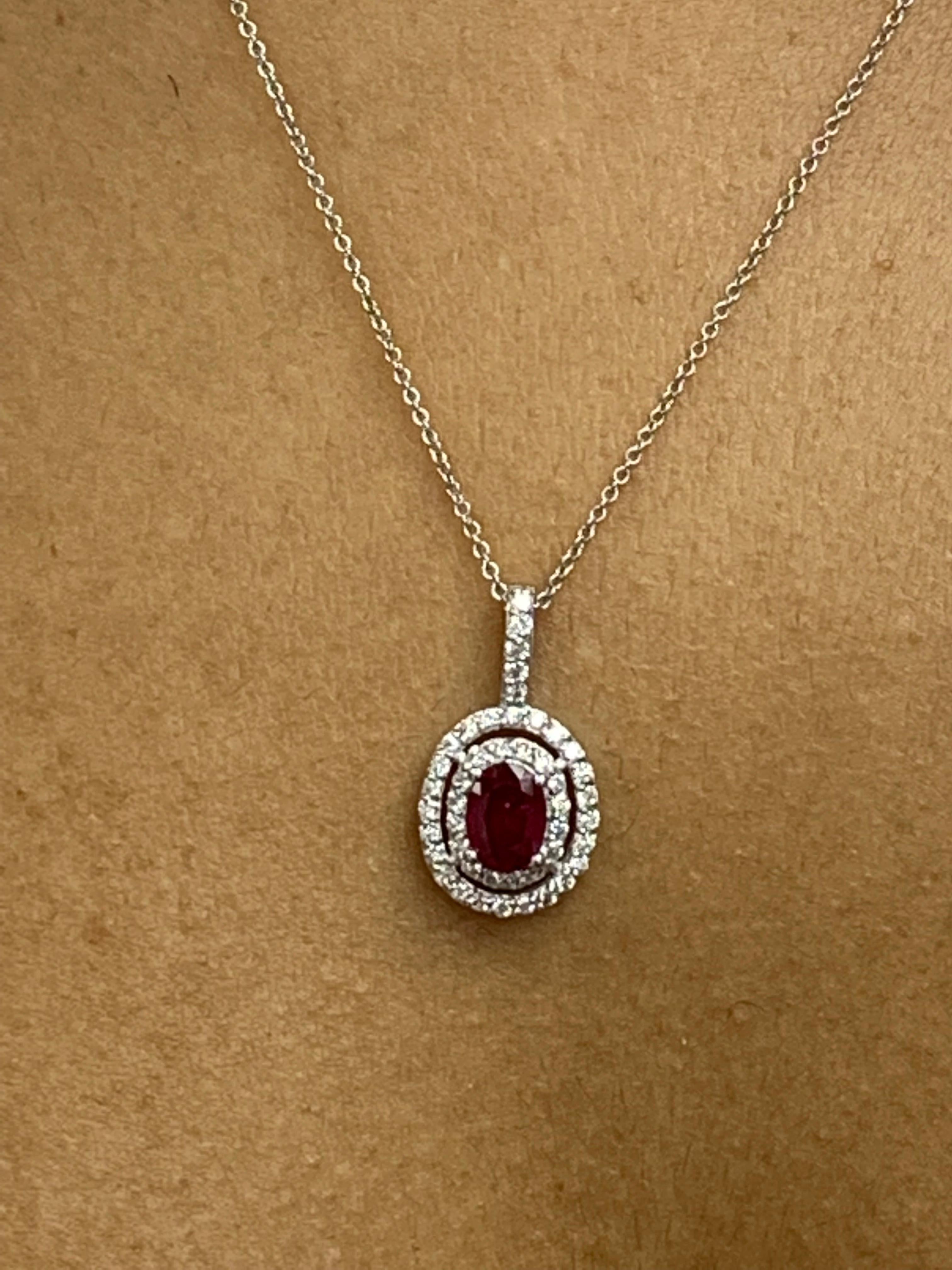 Grandeur 0.81 Carat Oval Cut Ruby and Diamond Pendant in 14K White Gold For Sale 5
