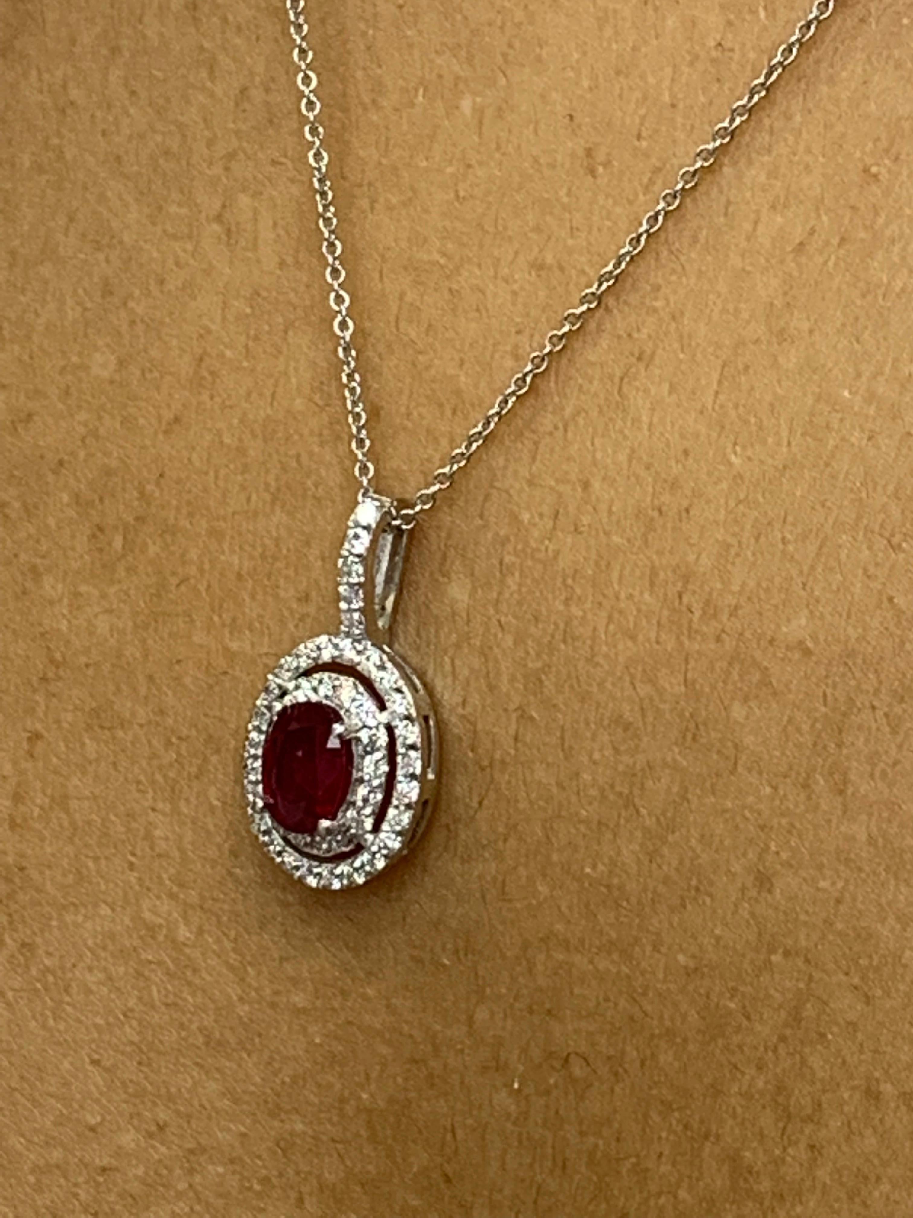 Grandeur 0.81 Carat Oval Cut Ruby and Diamond Pendant in 14K White Gold For Sale 6