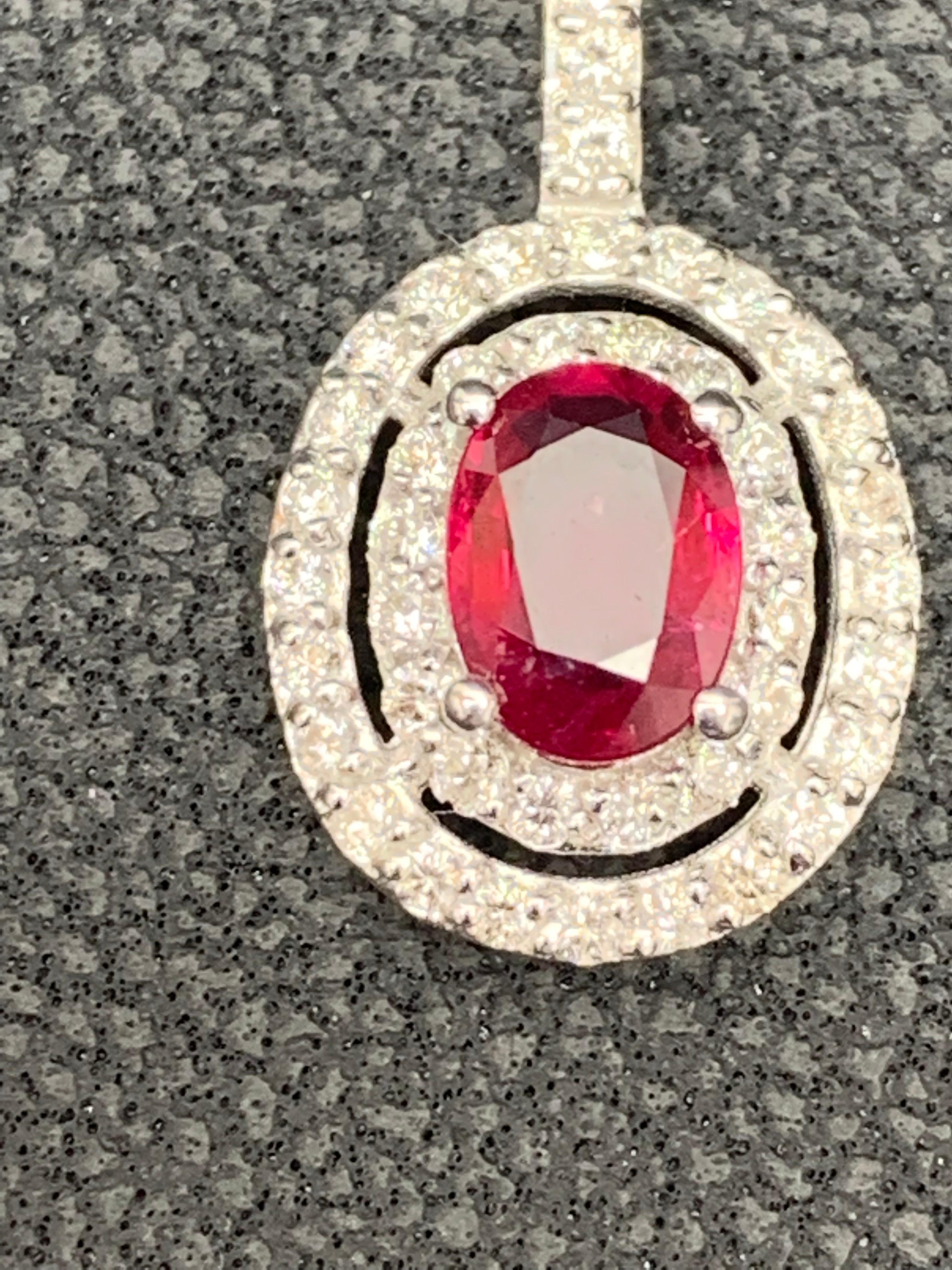 Grandeur 0.81 Carat Oval Cut Ruby and Diamond Pendant in 14K White Gold For Sale 3