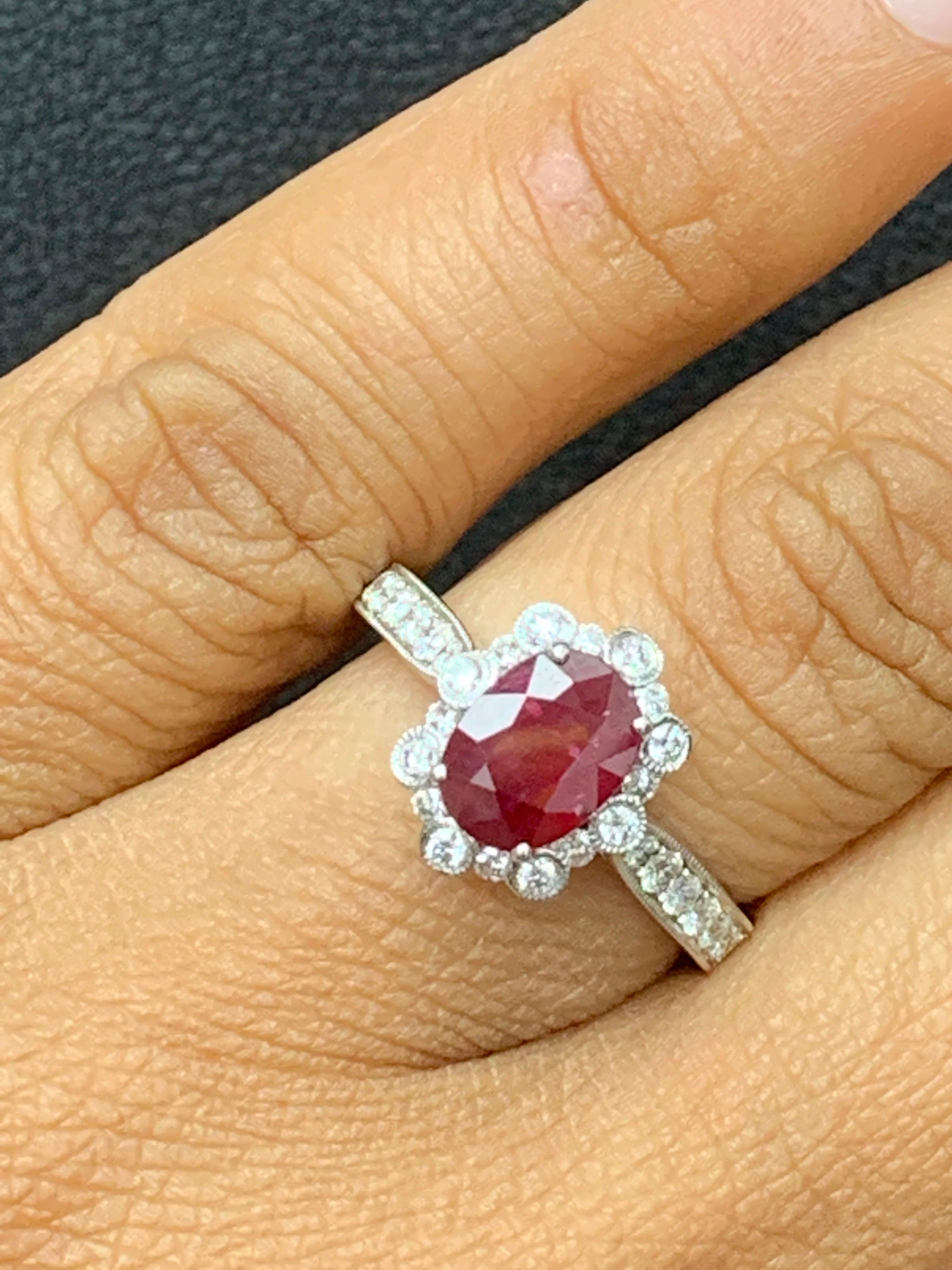 Grandeur 0.83 Carat Oval Cut Ruby and Diamond Engagement Ring in 18K White Gold For Sale 6